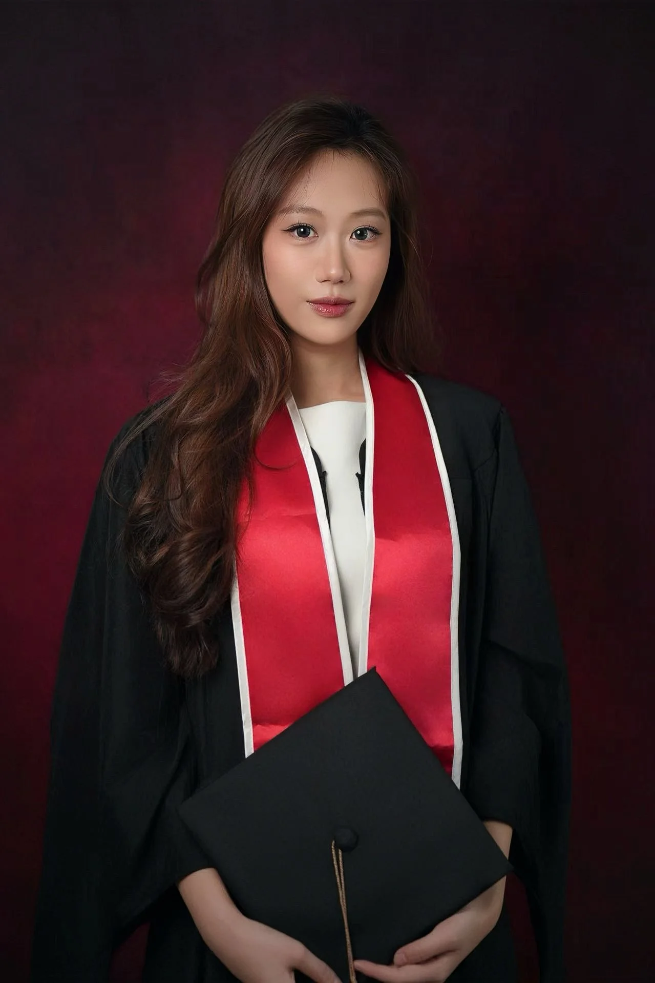 A woman in a graduation gown holding a cap
