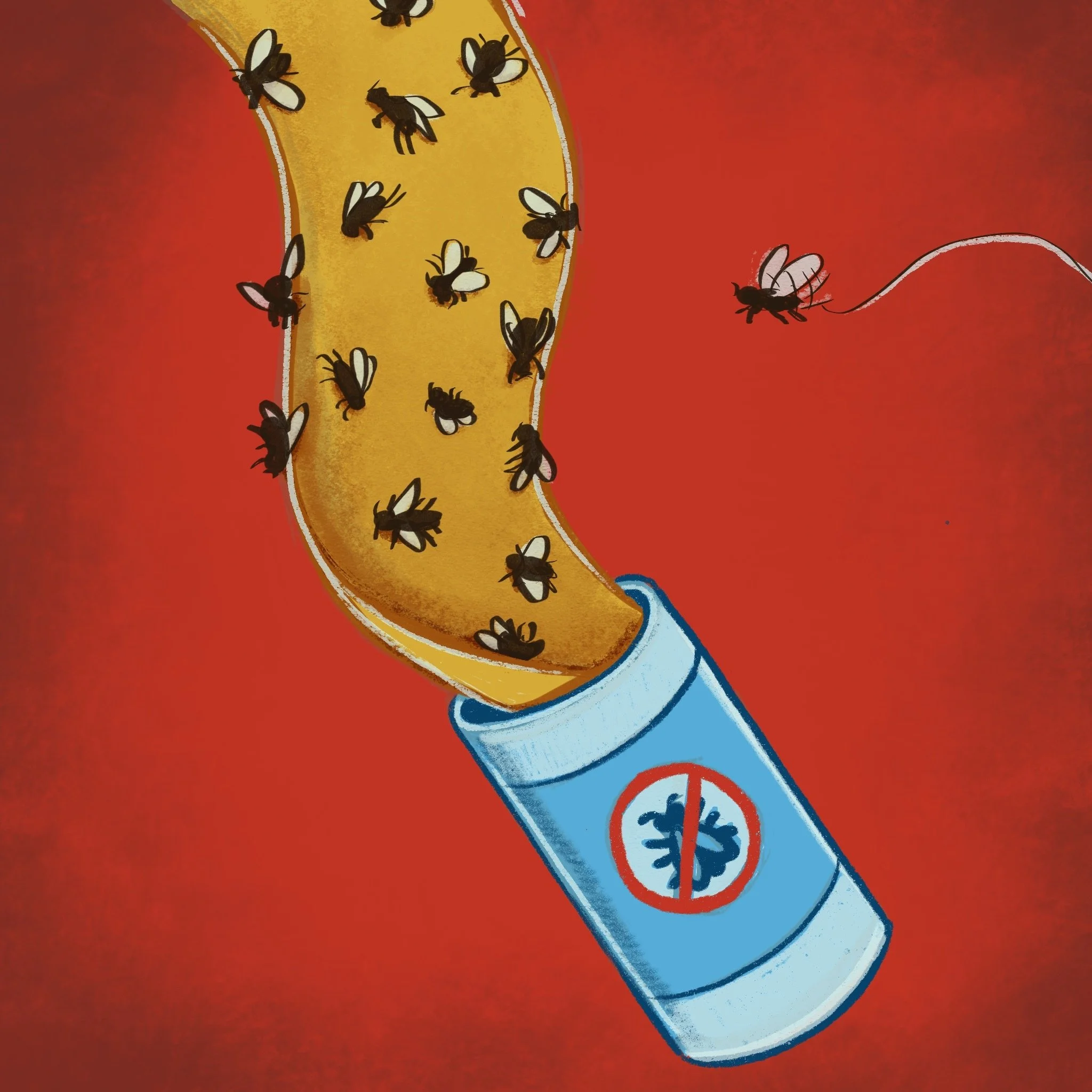 image of flies stuck to flypaper trap with one fly approaching not yet trapped