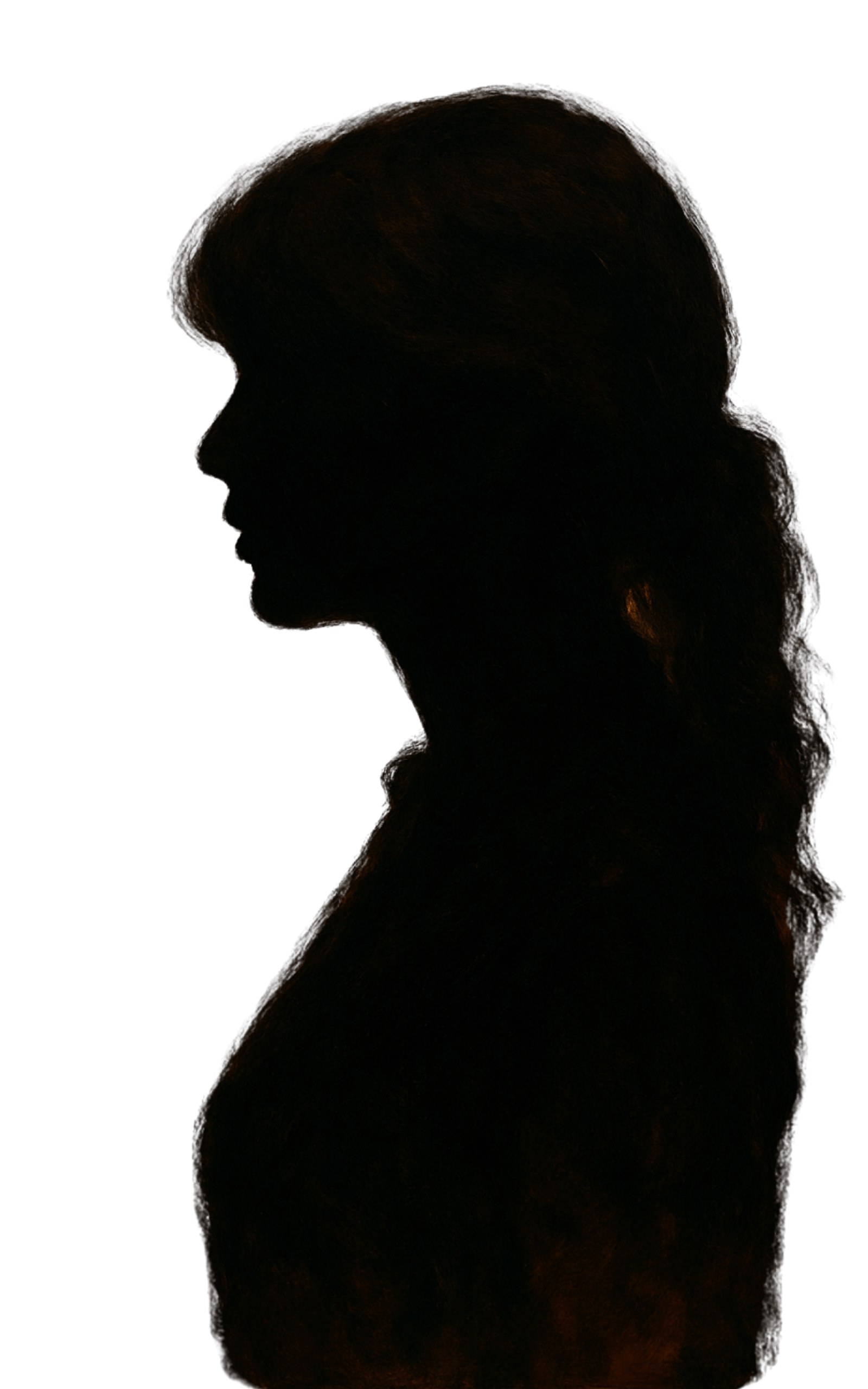 Silhouette of a woman with hair tied back, profile view, against a black background.