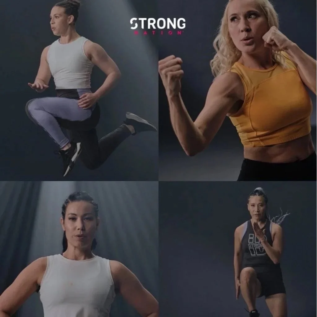 Vier Frauen beim Sport, mit Texten in Deutsch: 'Aufstehen.', 'Vollgas', 'Siegen.' und 'Wiederholen.'.