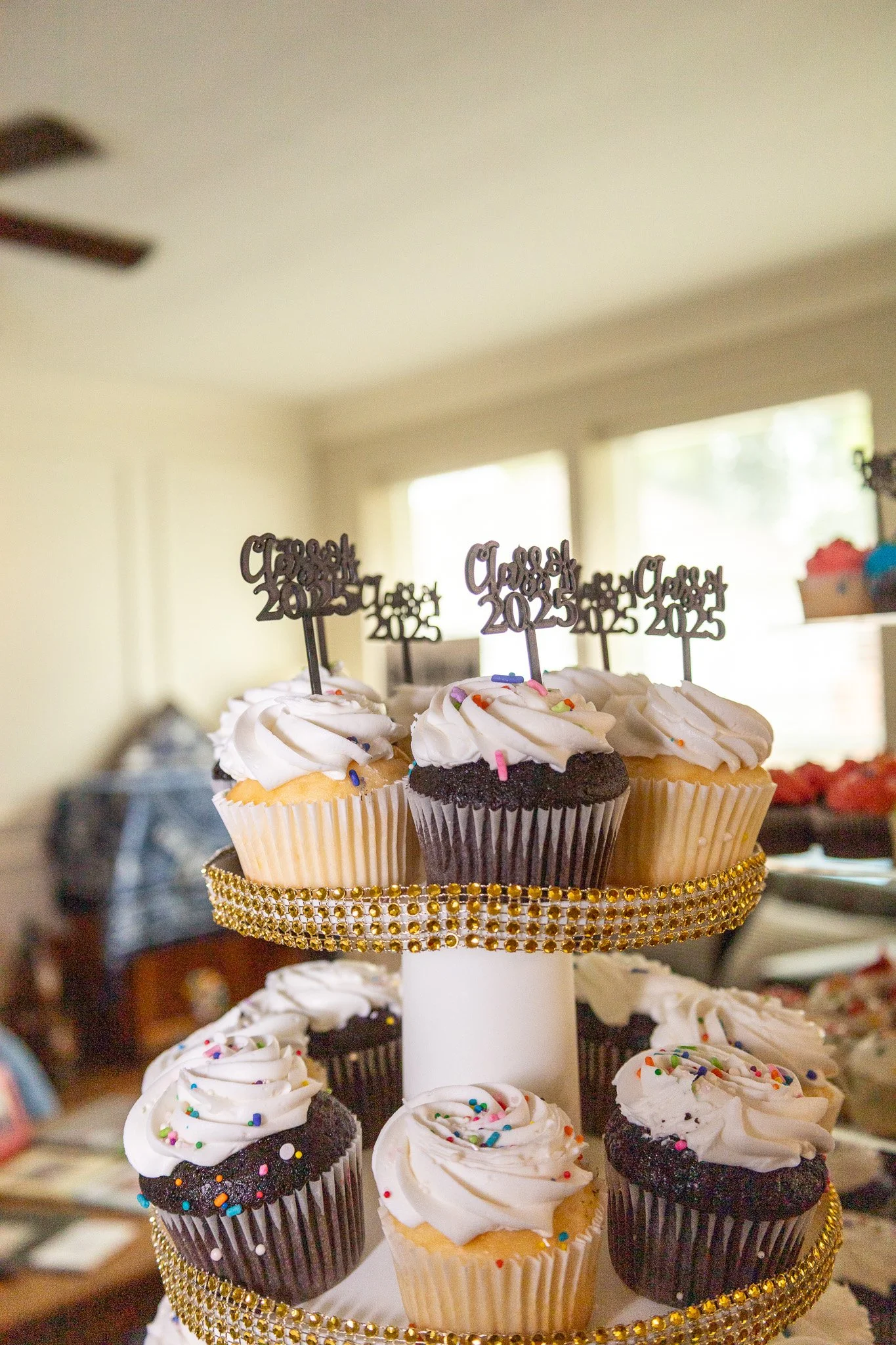 Cupcakes with white frosting and colorful sprinkles on a two-tiered cupcake stand, with black and gold "Class of 2025" toppers.