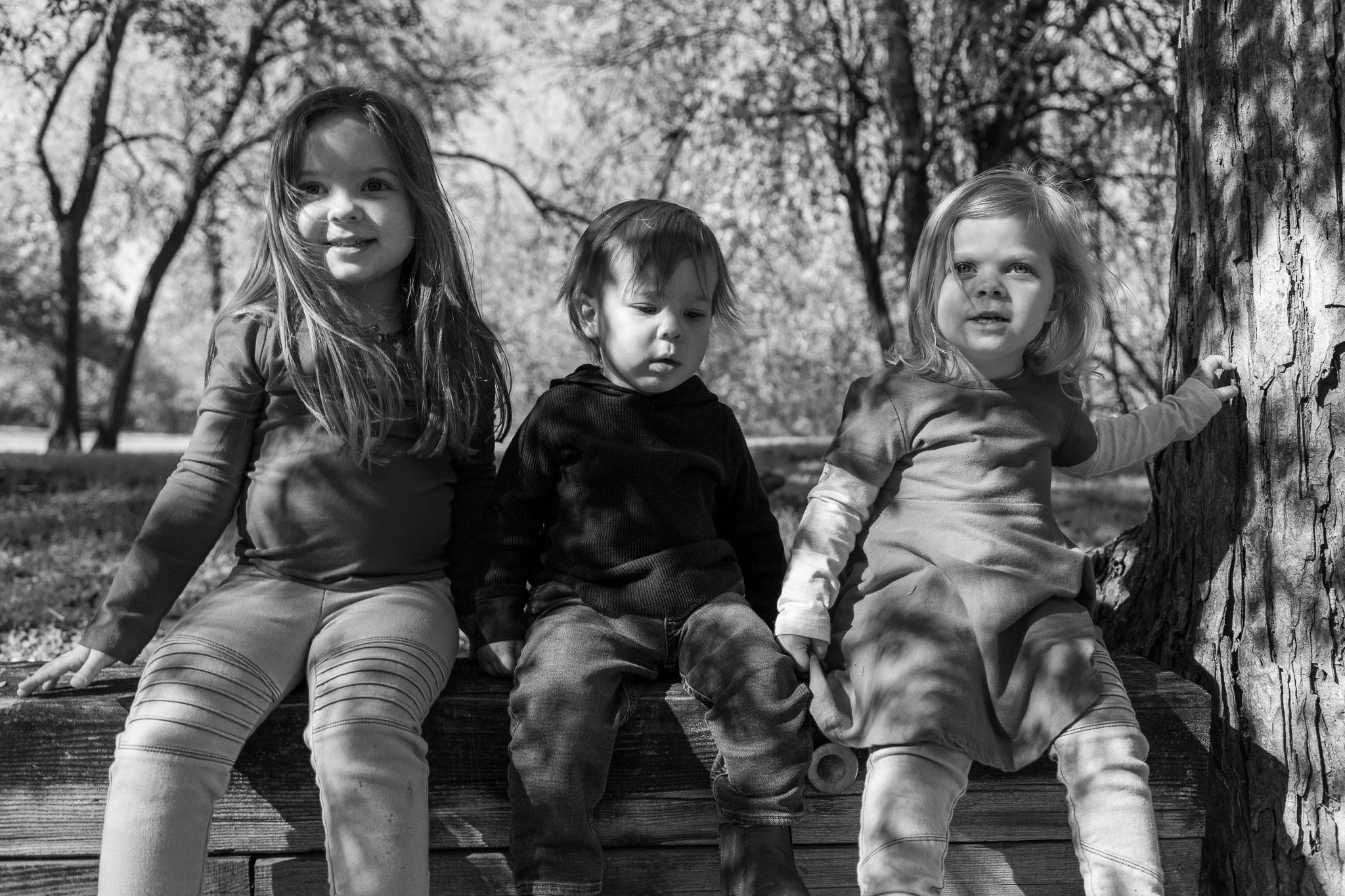 Three young children sitting on a wooden park bench under trees.