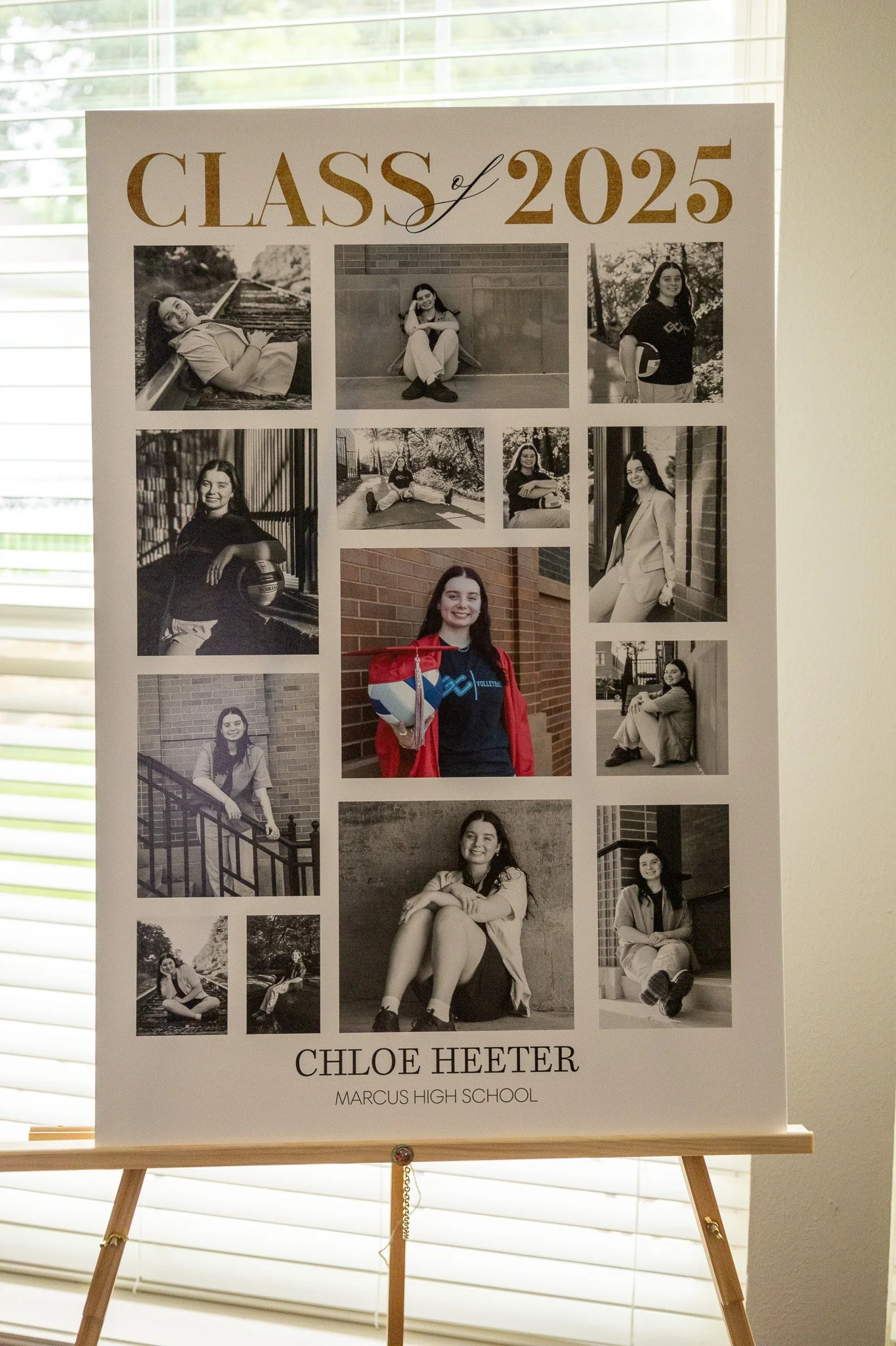 Graduation poster for Chloe Heeter, Class of 2025, featuring multiple black and white photos of the student at different locations and poses, with a central color photo of her holding a volleyball and wearing a letterman jacket.