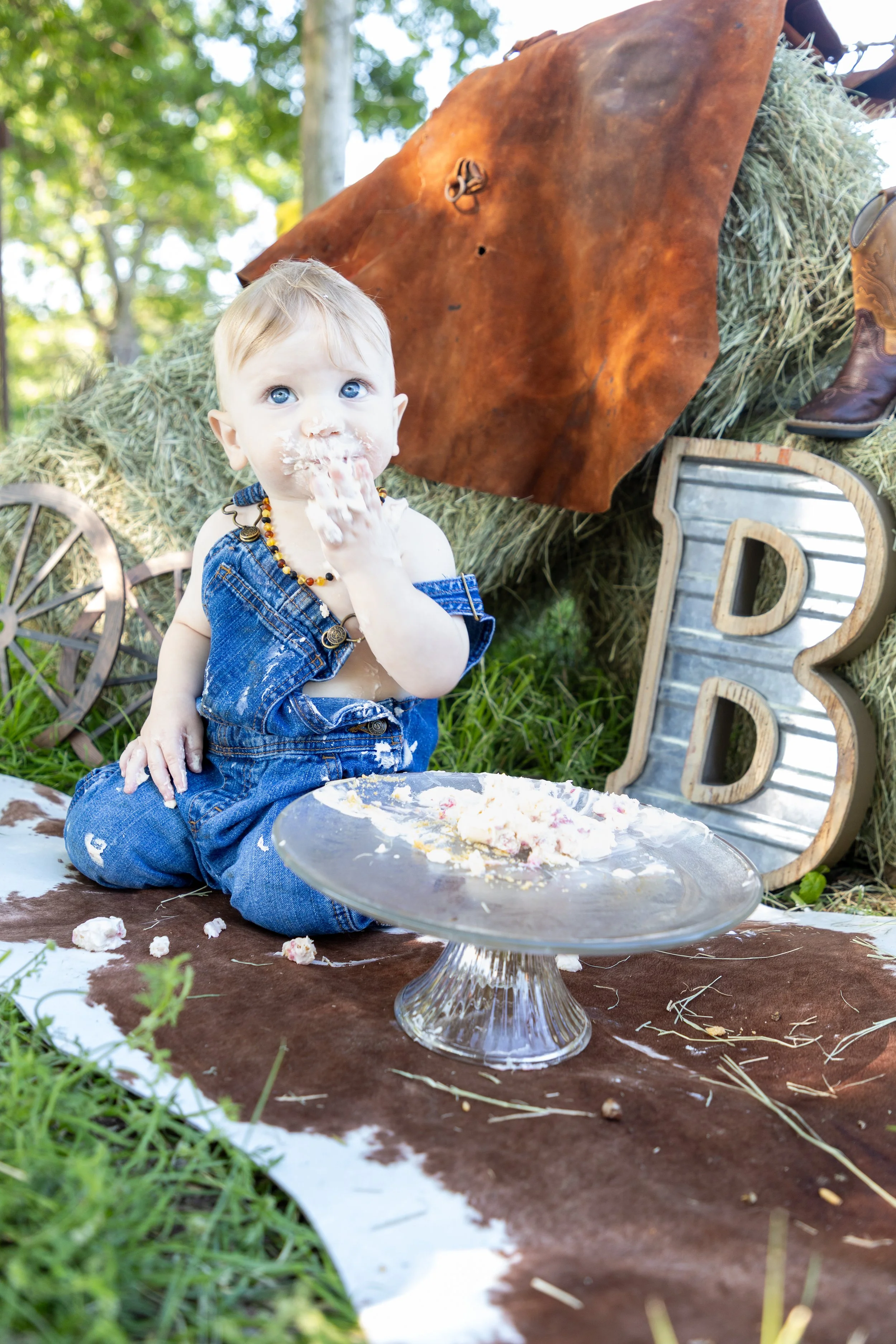 A young child with blue eyes, wearing denim overalls, sitting on brown cowhide, covered in whipped cream, with cake on a glass cake stand in front. The child is outdoors with trees, hay, a leather saddle, decorative large letter 'B', a wagon wheel, a