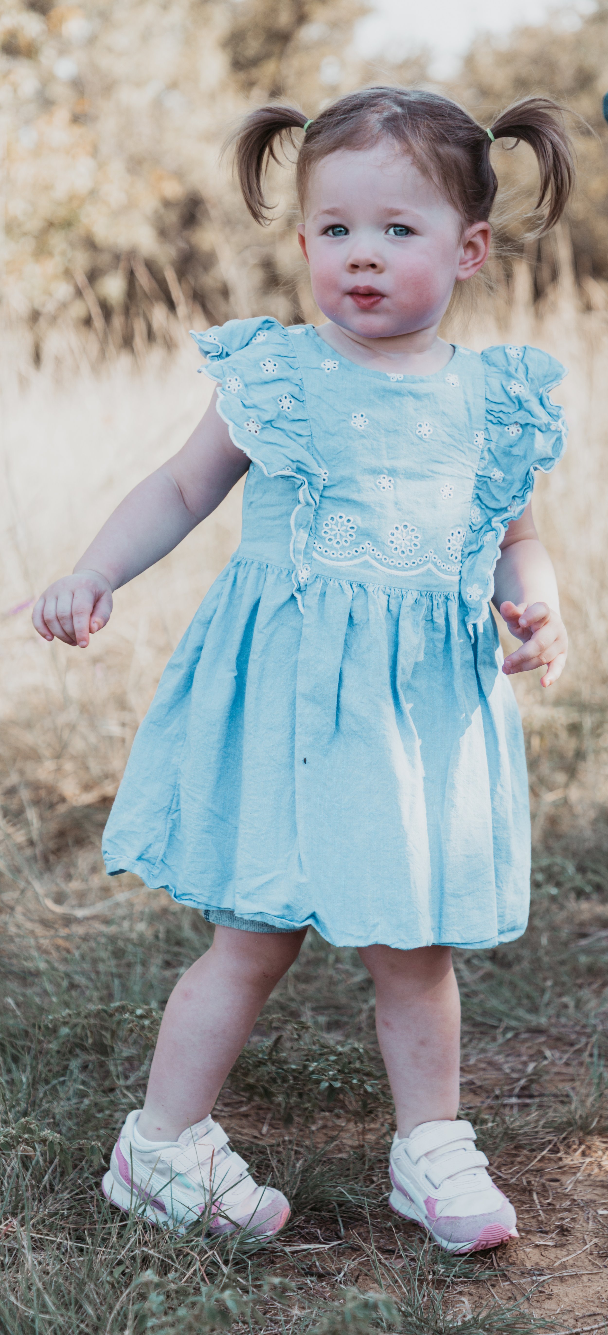 A young girl with light brown hair tied in two pigtails outdoors, wearing a blue dress with ruffled sleeves and white sneakers, standing on grass with blurred trees in the background.