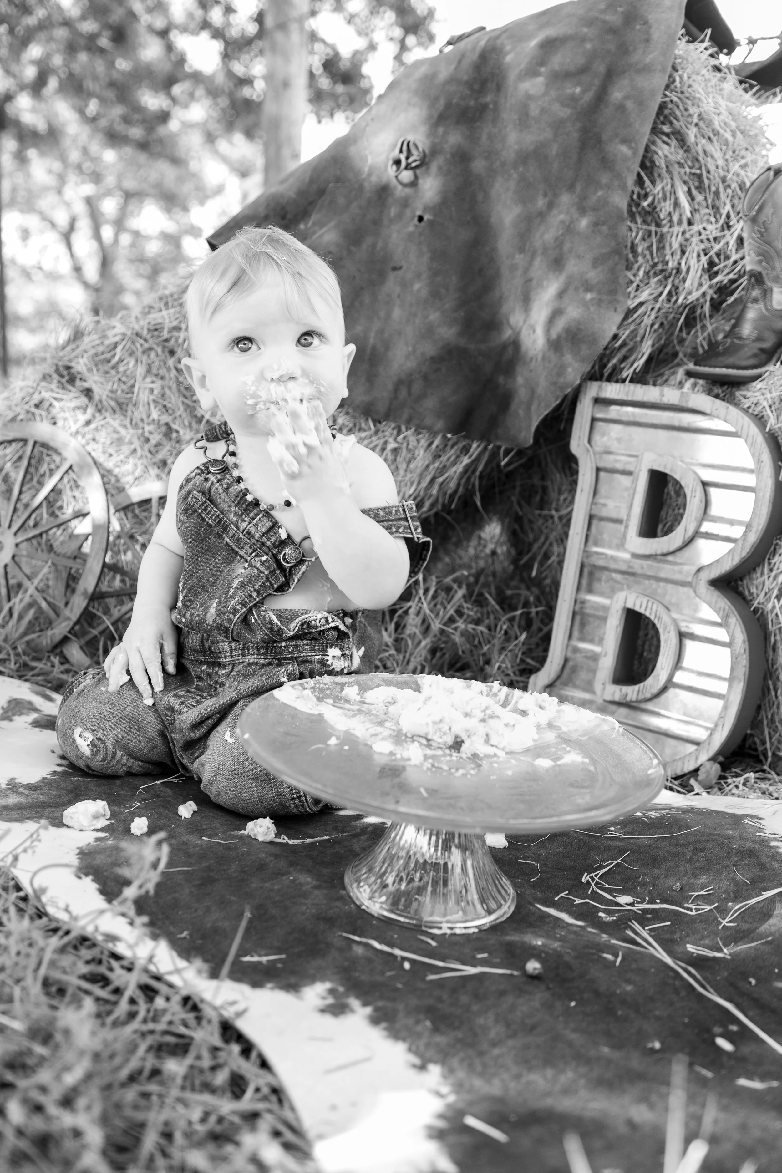 Child with short hair wearing overalls eating cake, sitting on a blanket outdoors, with a cake stand, decorative letter 'B', wooden wagon wheel, and hay bales in the background.