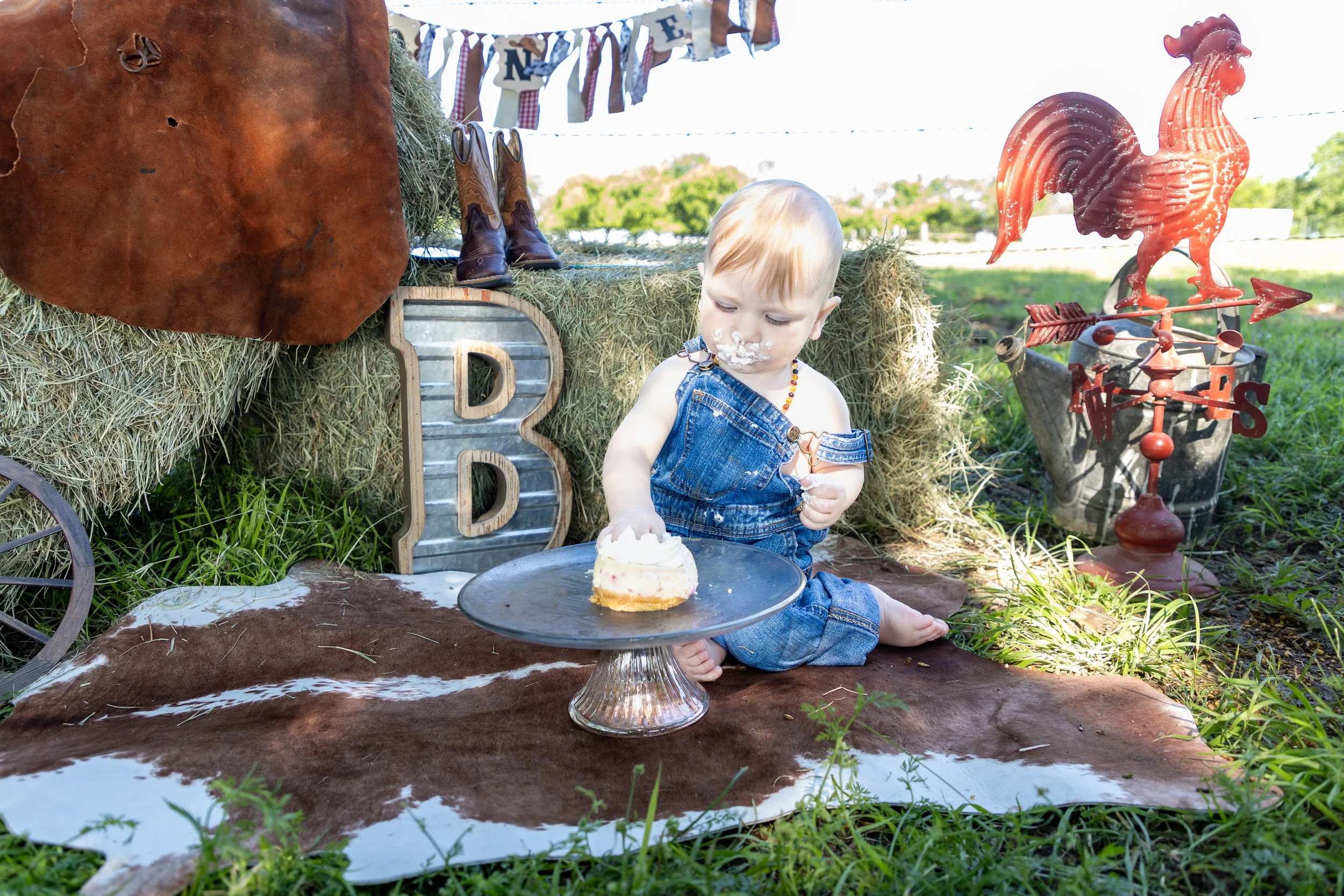 A young child sitting on a brown cowhide rug outdoors, holding a black plate with a slice of cake topped with whipped cream. The child has light blonde hair, is wearing denim overalls, and has cake frosting on their face. Behind them is a hay bale, d