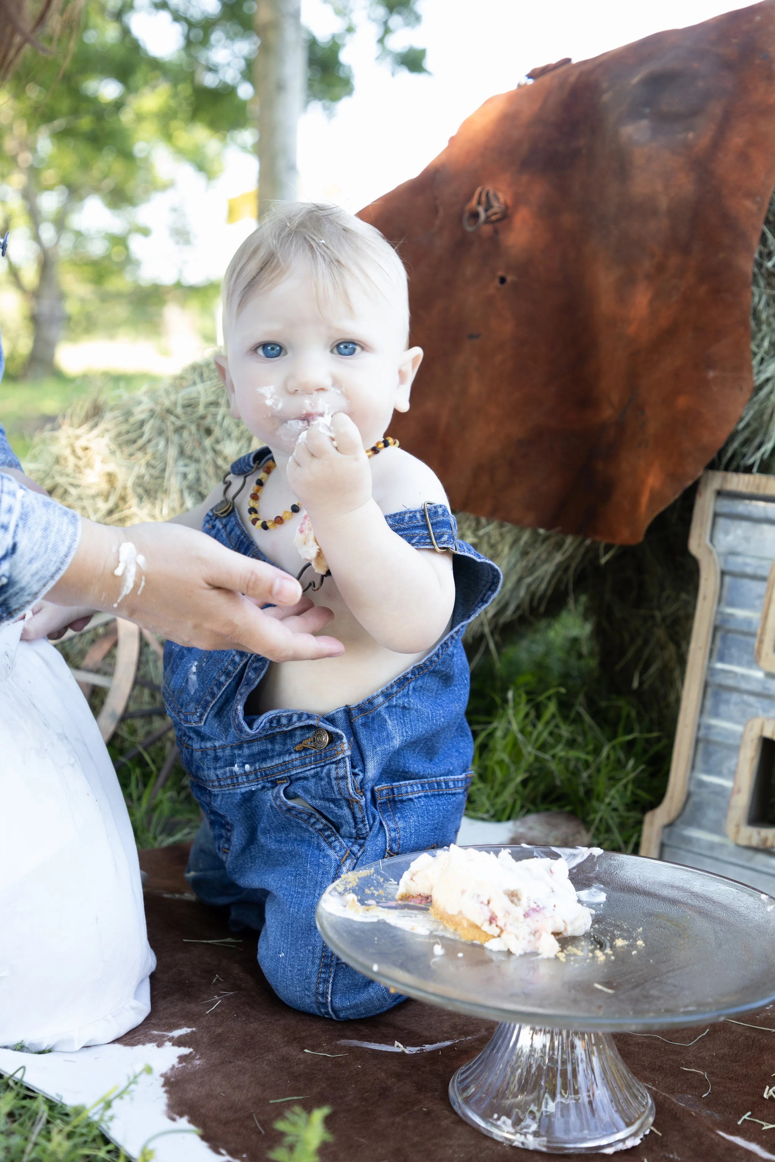 Child with blue eyes and light hair, wearing denim overalls, eating cake outdoors with a horse in the background.