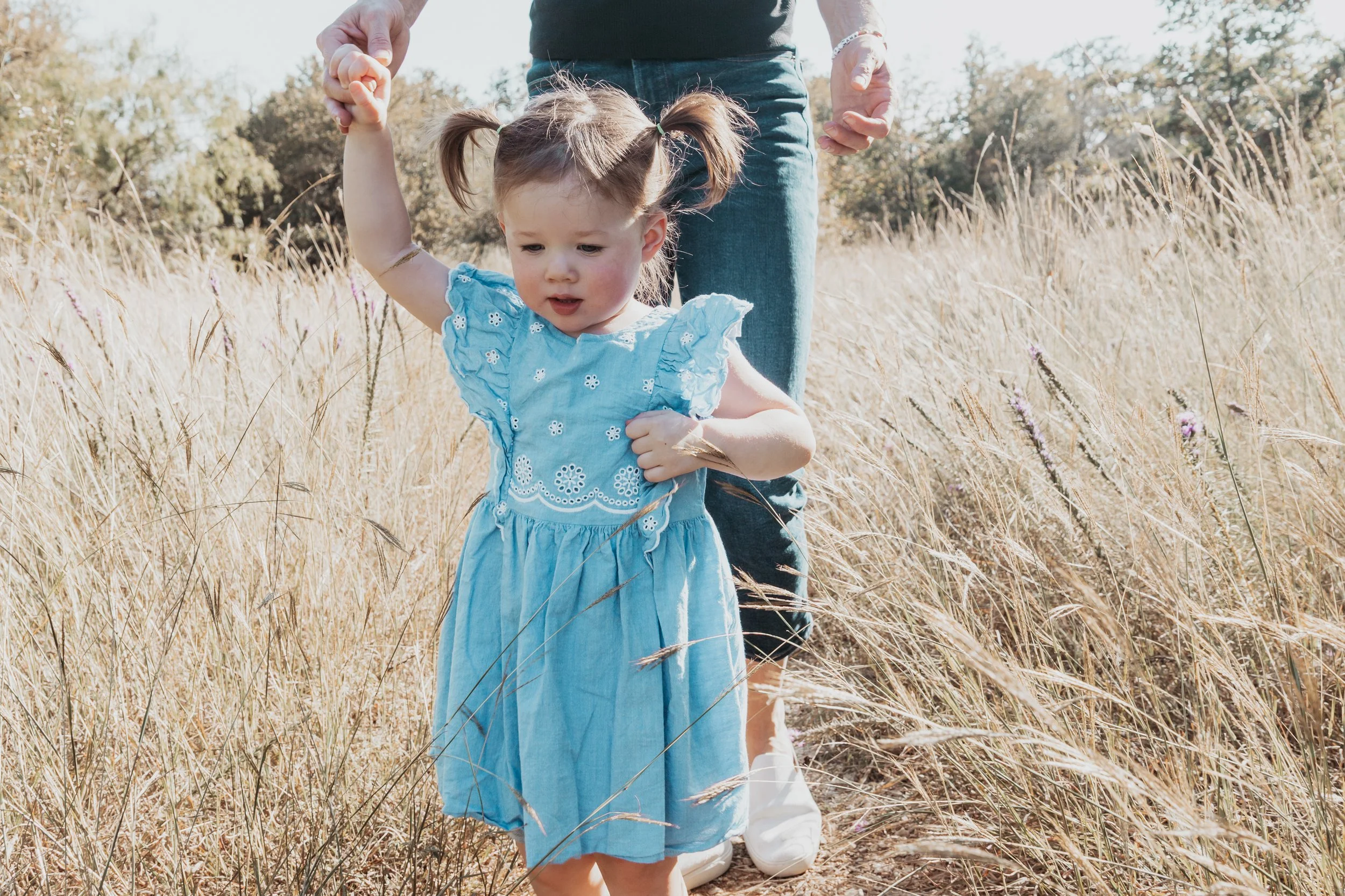 A young girl in a blue dress holding hands with an adult, walking through a grassy field on a sunny day.
