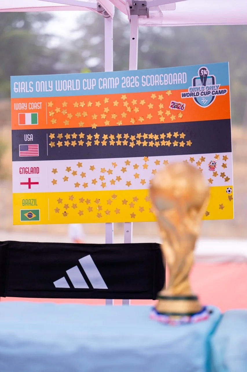 Scoreboard for Girls Only World Cup Camp 2026 with team names Ivory Coast, USA, England, and Brazil, showing star-shaped stickers for points, and a blurred Golden FIFA World Cup trophy in the foreground.