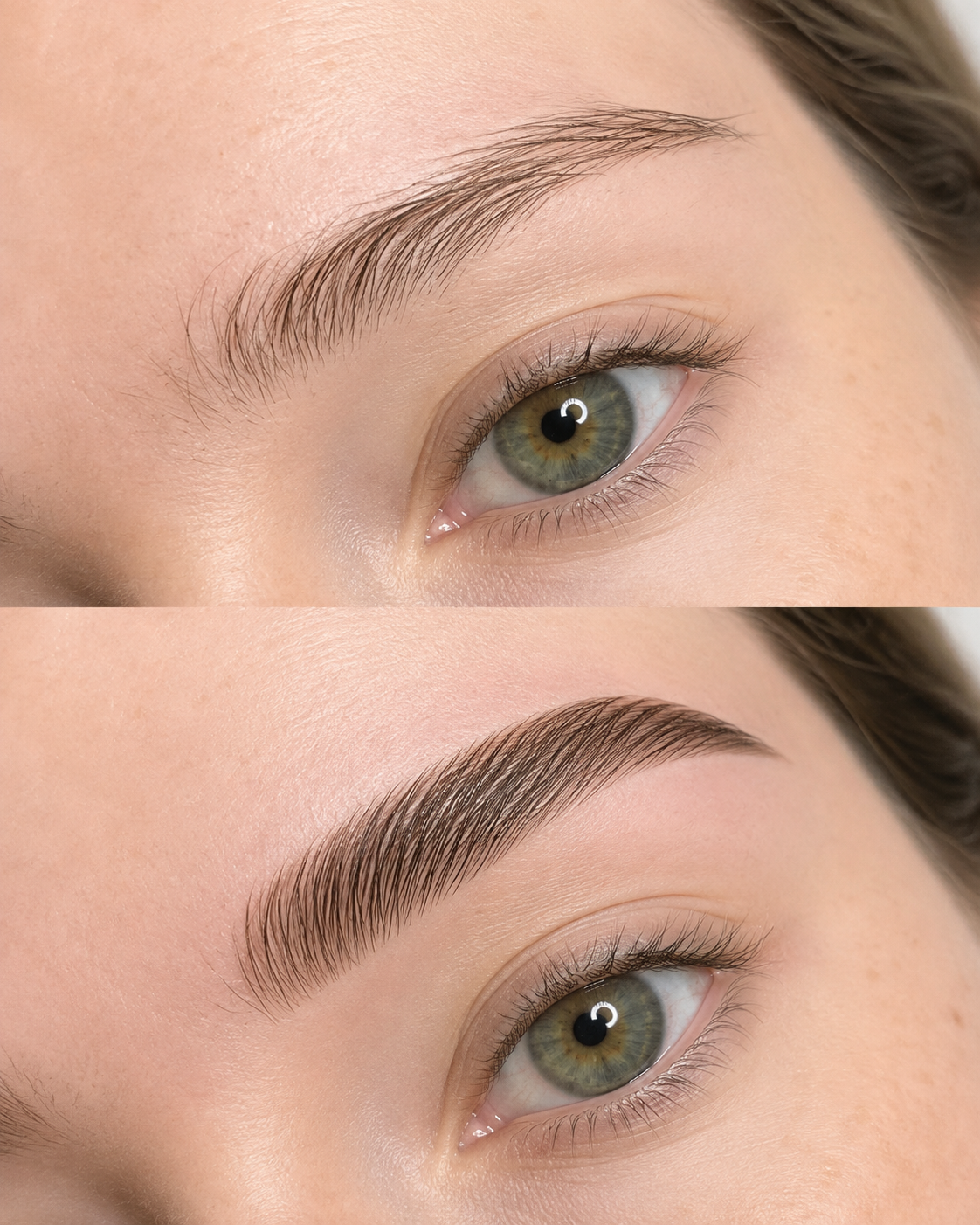 Brow lamination and tint showing fuller, lifted and defined natural brows in San Diego
