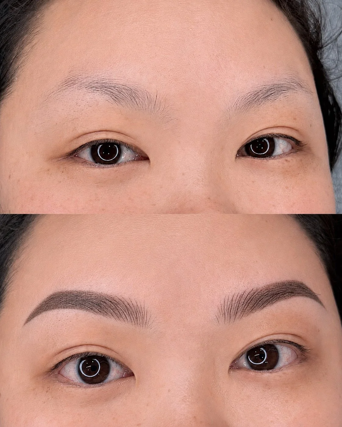 Before and after Combo Brows with natural hairstrokes and soft powder shading in San Diego