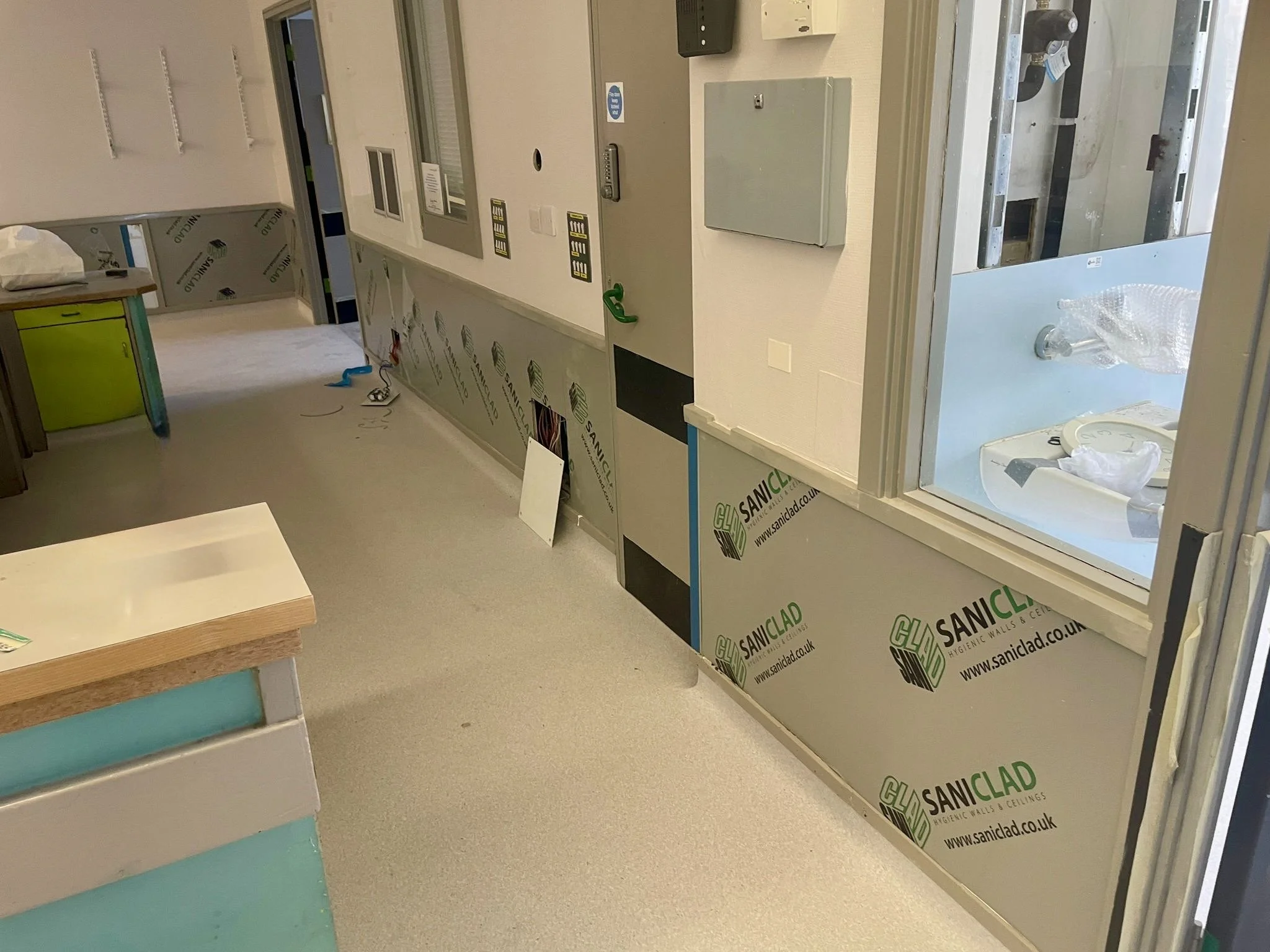 An empty hospital under construction, with saniclad hygienic wall cladding installed.