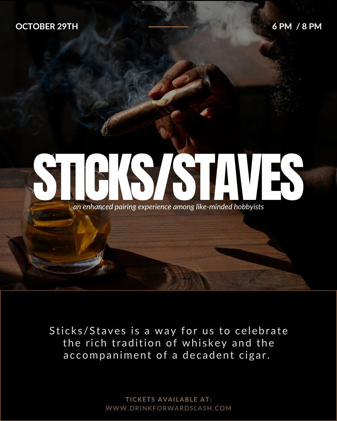 One of our favorite events of the month is back for the season - Sticks/Staves: a monthly evening of whiskey sipping and cigar puffing for an enhanced pairing experience among like-minded hobbyists.
//
Get your tickets through our website > Book a