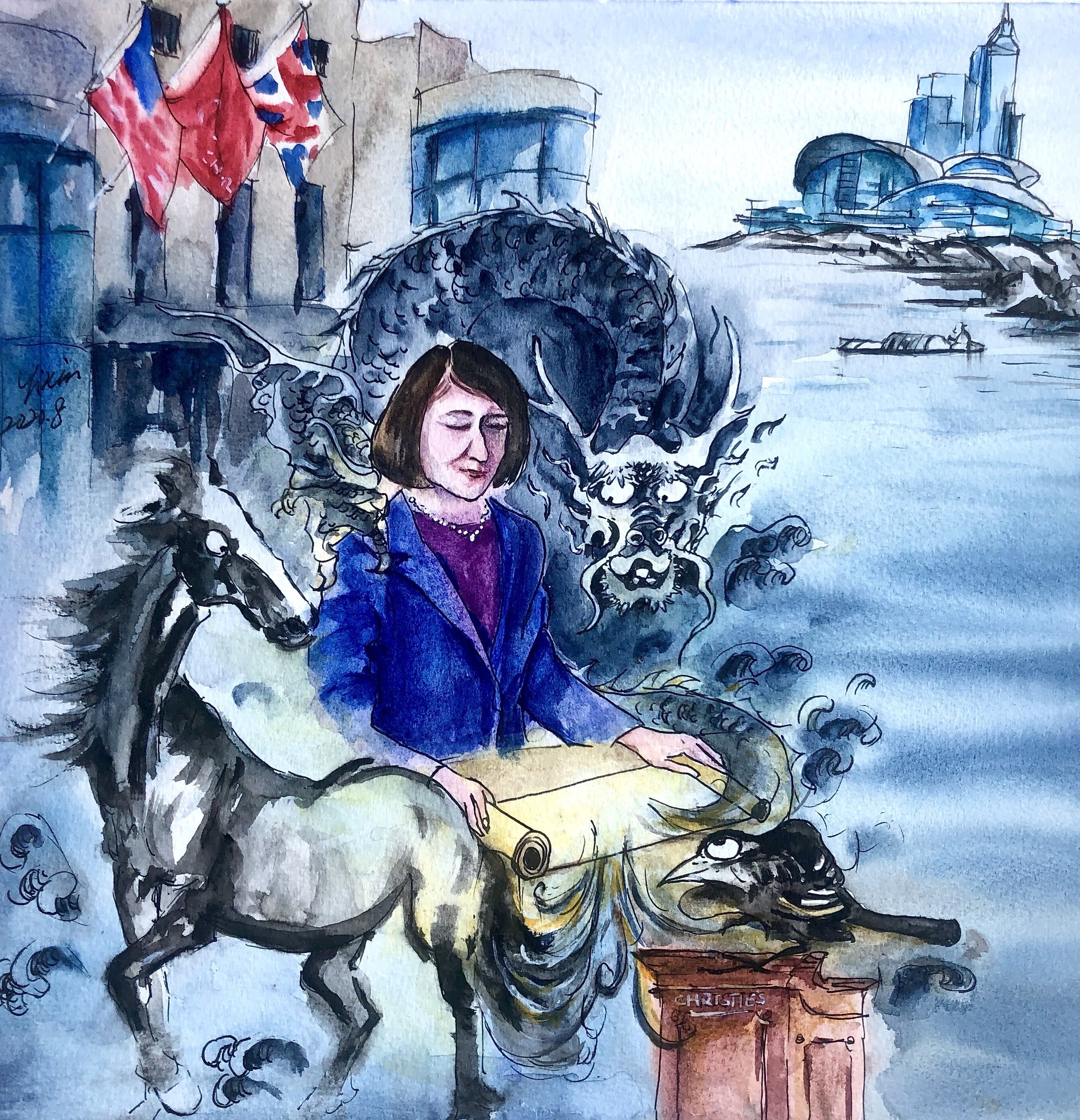 Custom narrative watercolor illustration combining portraiture and symbolic elements
