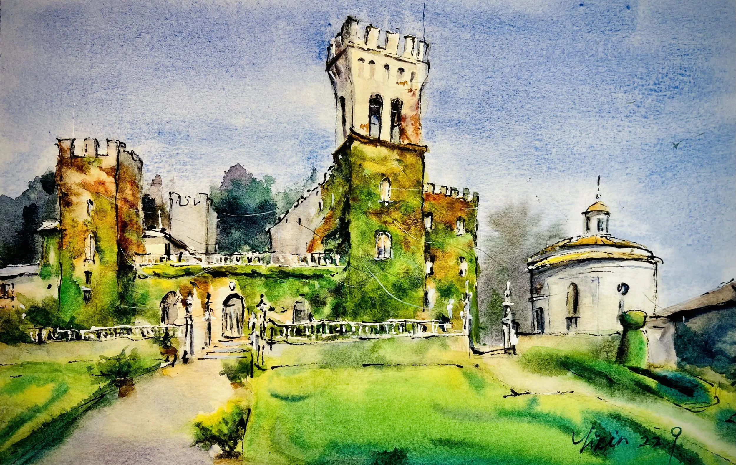 Custom watercolor painting of a historic castle and landscaped grounds