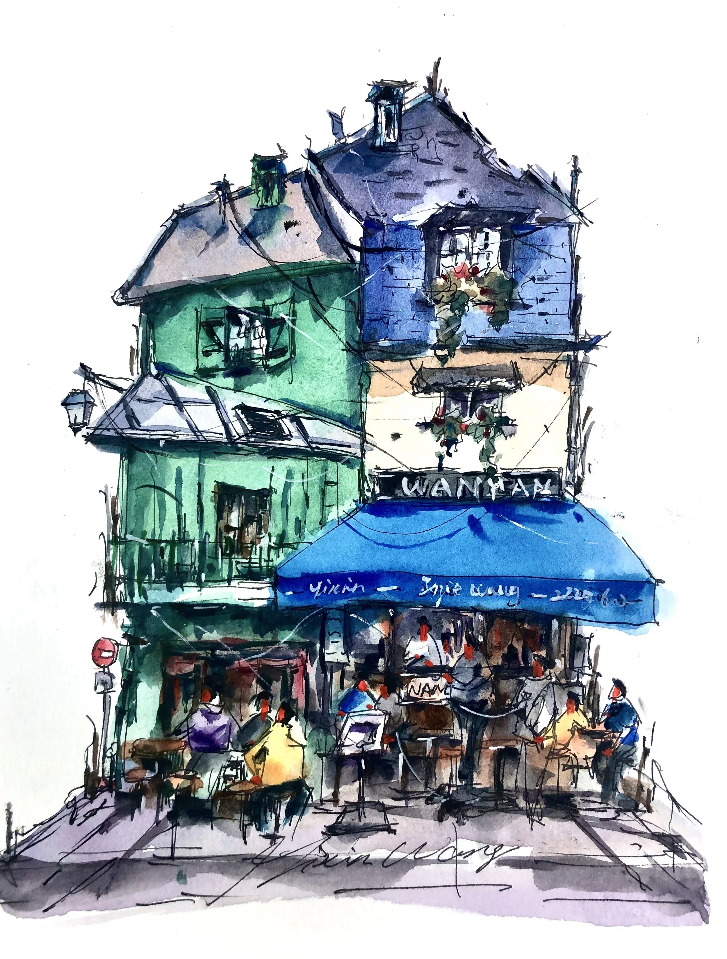 Custom watercolor painting of a lively neighborhood cafe and meaningful city place