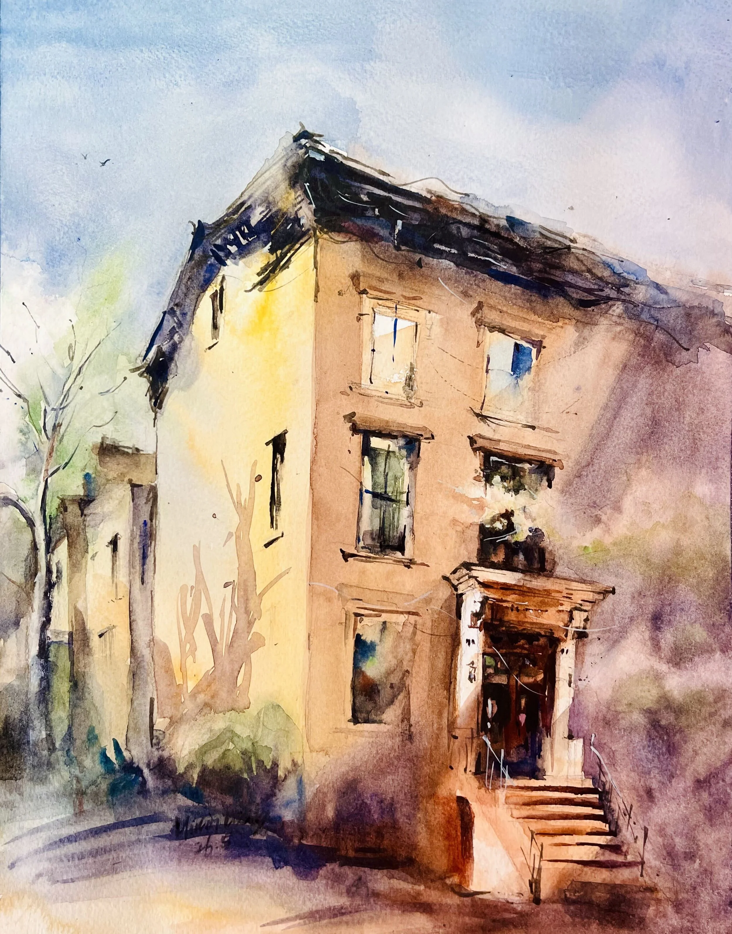 Custom watercolor portrait of a warm-toned brownstone townhouse
