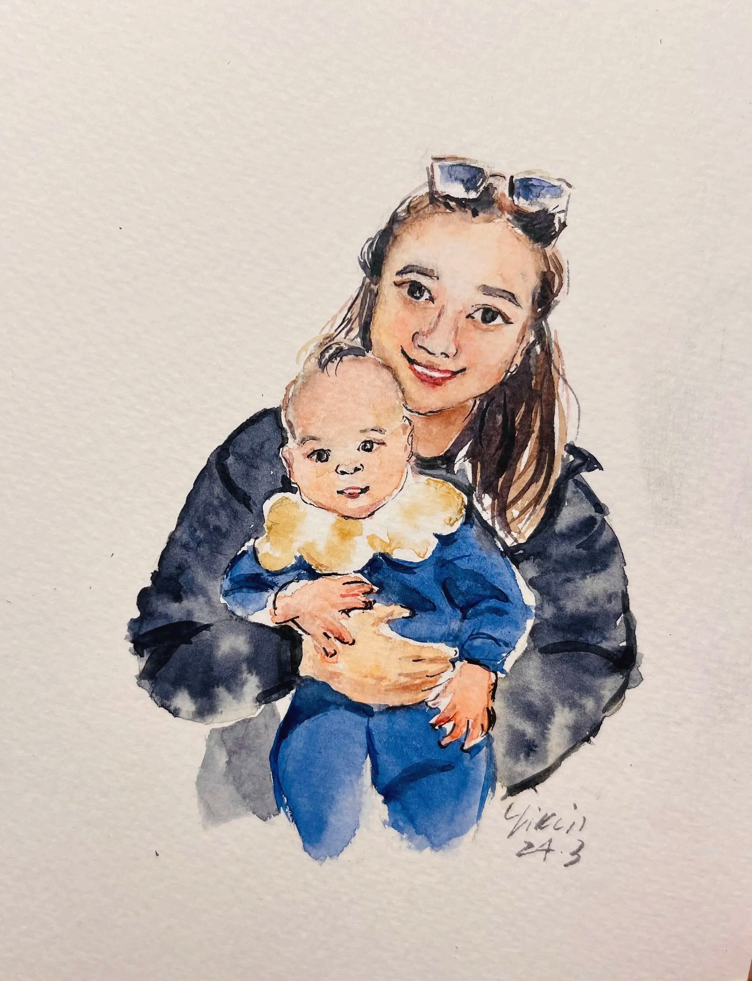 mom and baby watercolor portrait 