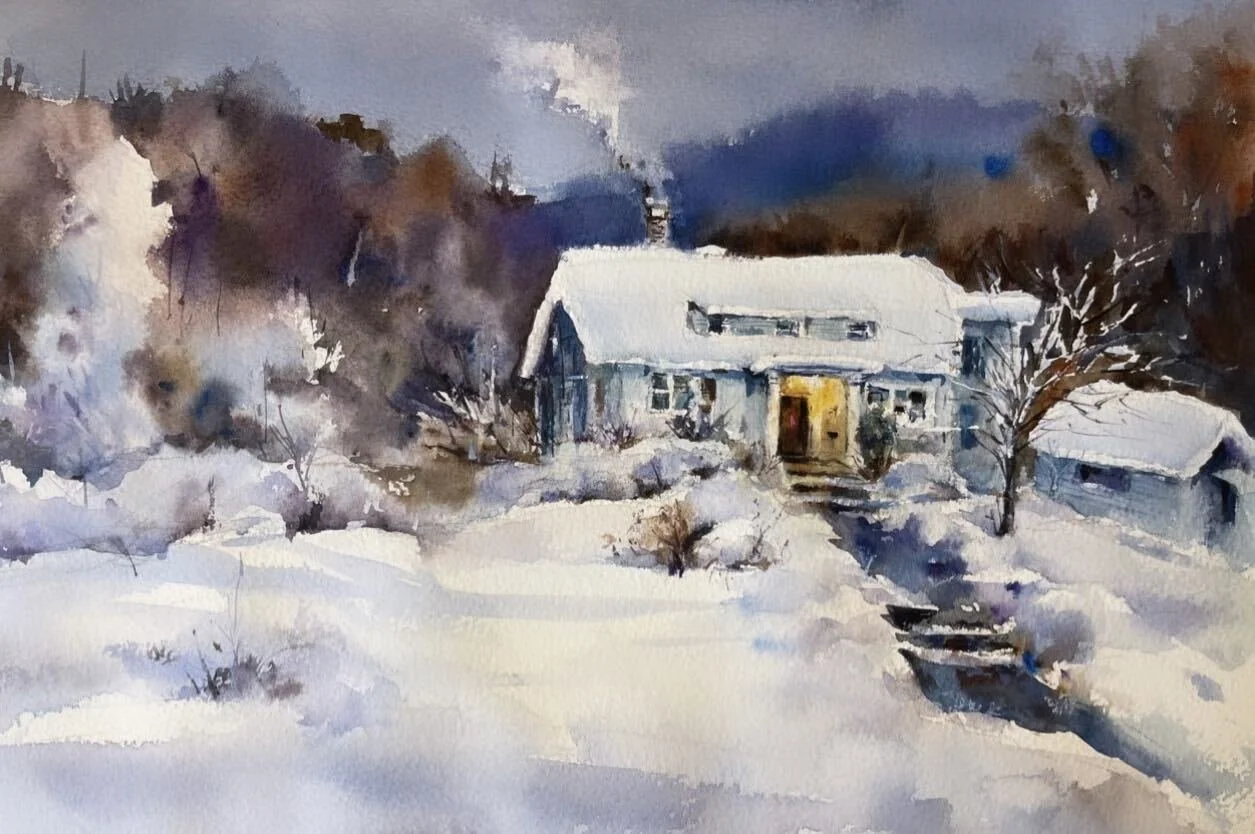 Custom watercolor house portrait of a snow-covered home in winter