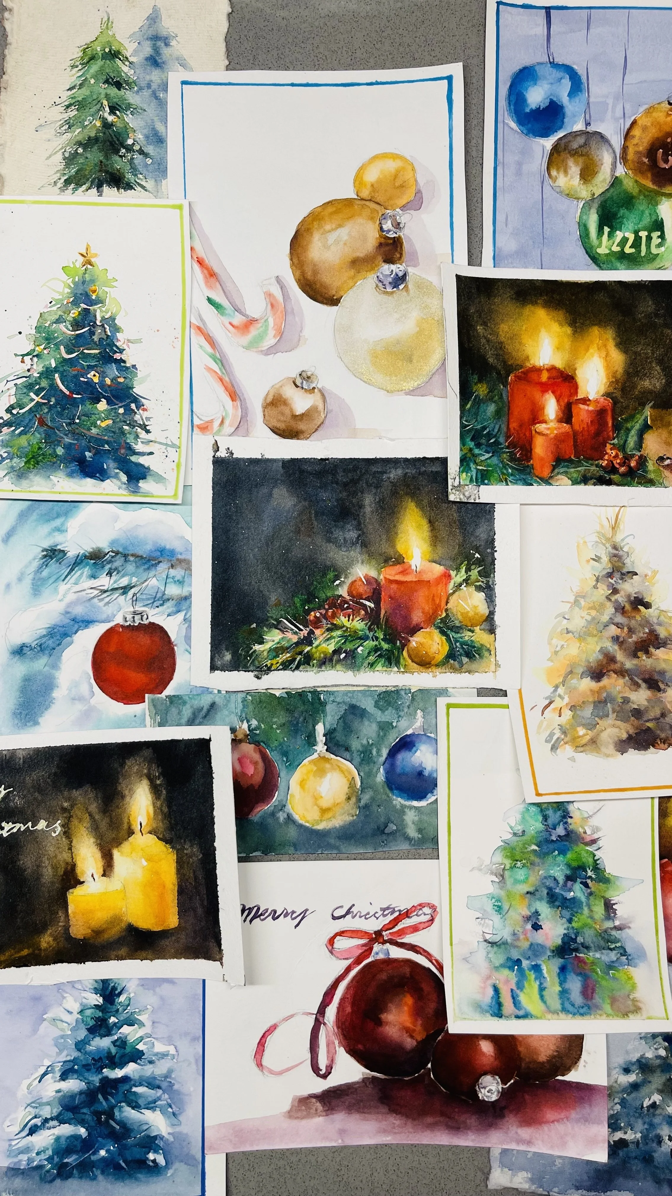 Collection of custom watercolor holiday keepsakes with ornaments, candles, and Christmas trees