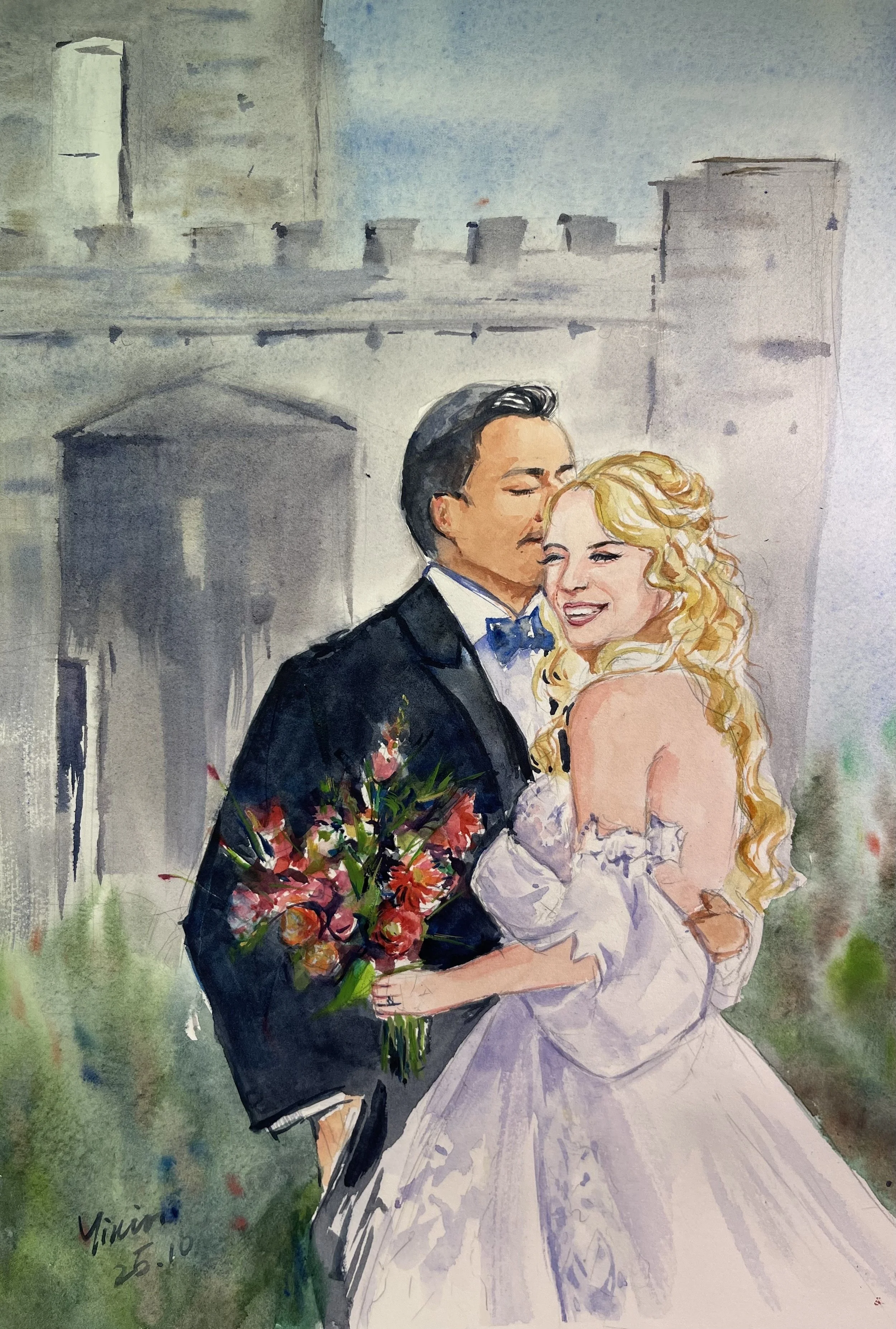 Custom watercolor wedding portrait of a newlywed couple