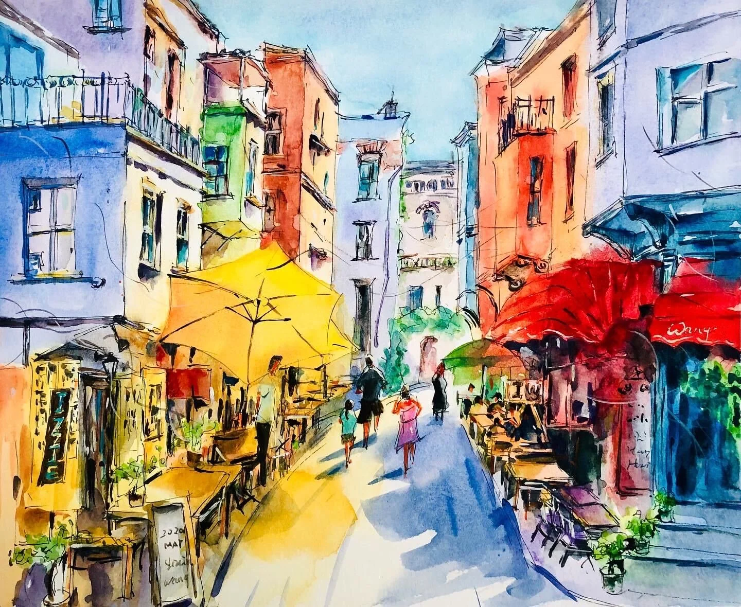 Custom watercolor painting of a colorful Istanbul street with cafes and umbrellas