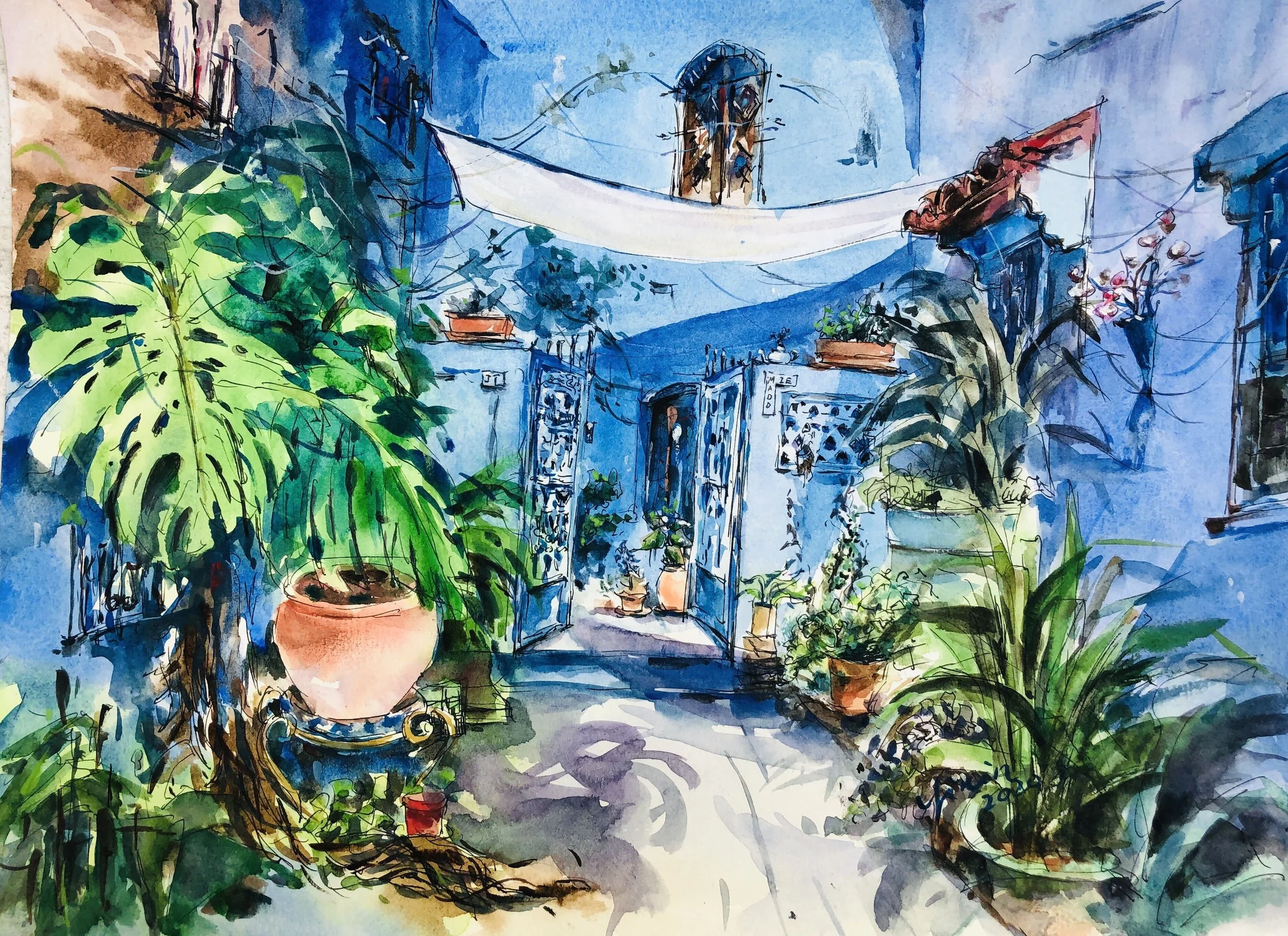 Custom watercolor painting of a peaceful blue and white courtyard