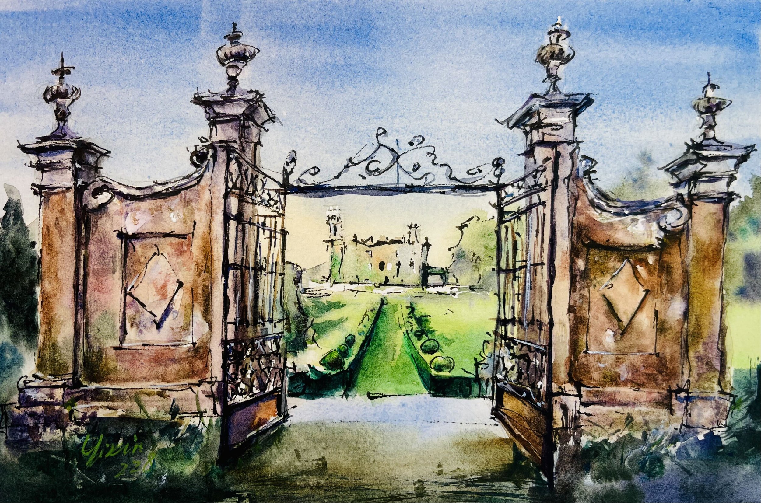Custom watercolor painting of a grand estate and entrance gate