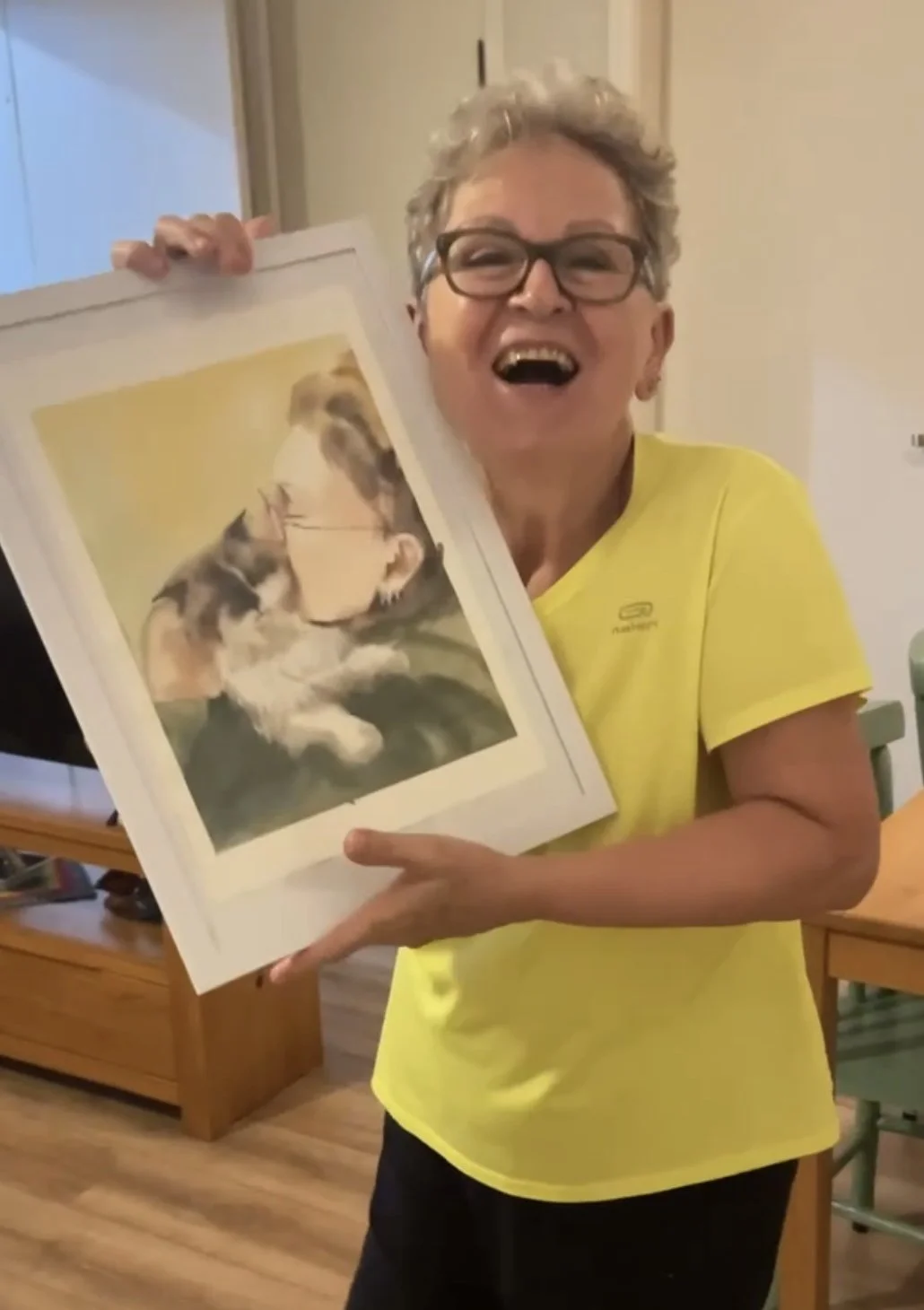 Custom watercolor memorial portrait of a woman holding her beloved cat