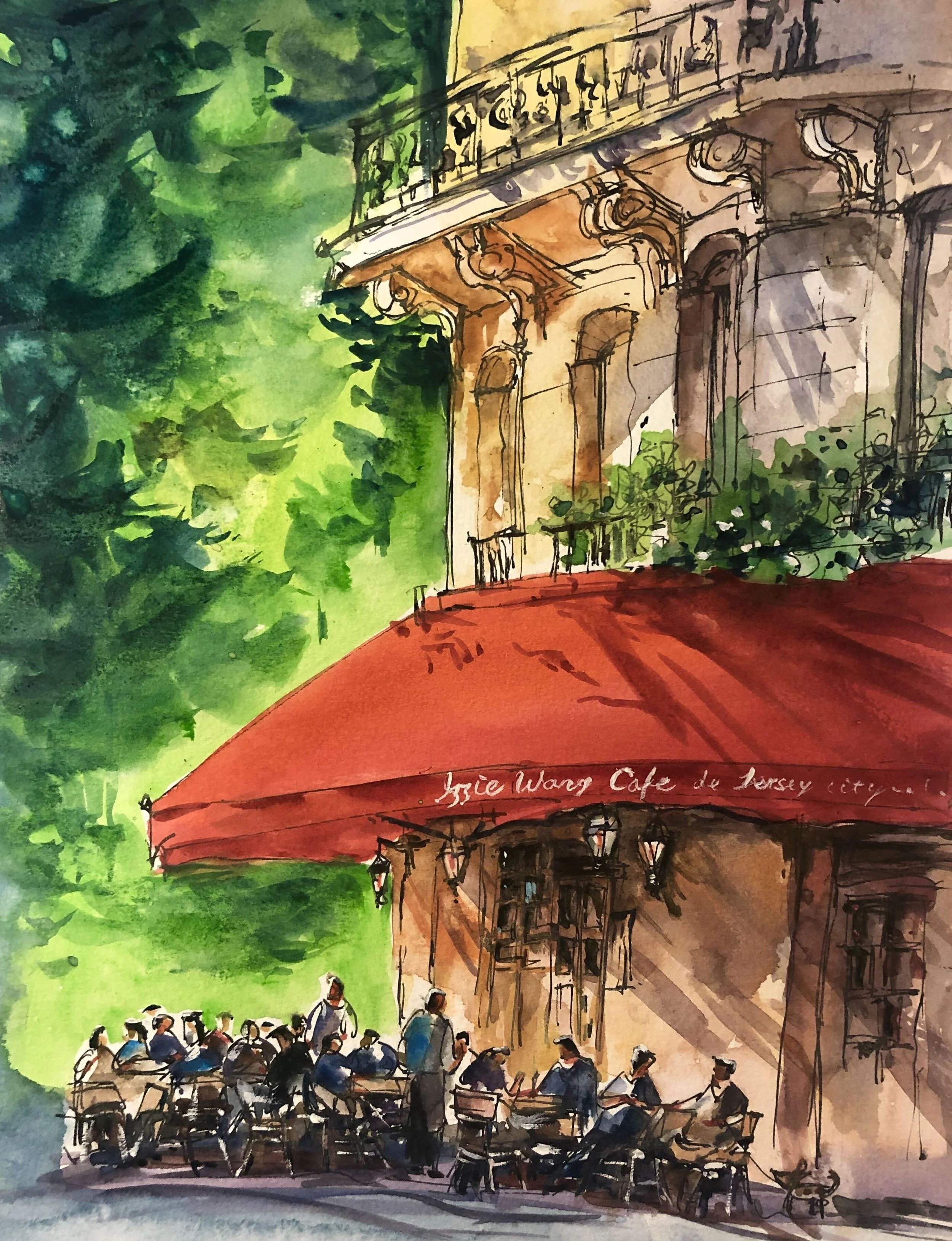 Custom watercolor painting of a meaningful cafe with a red awning