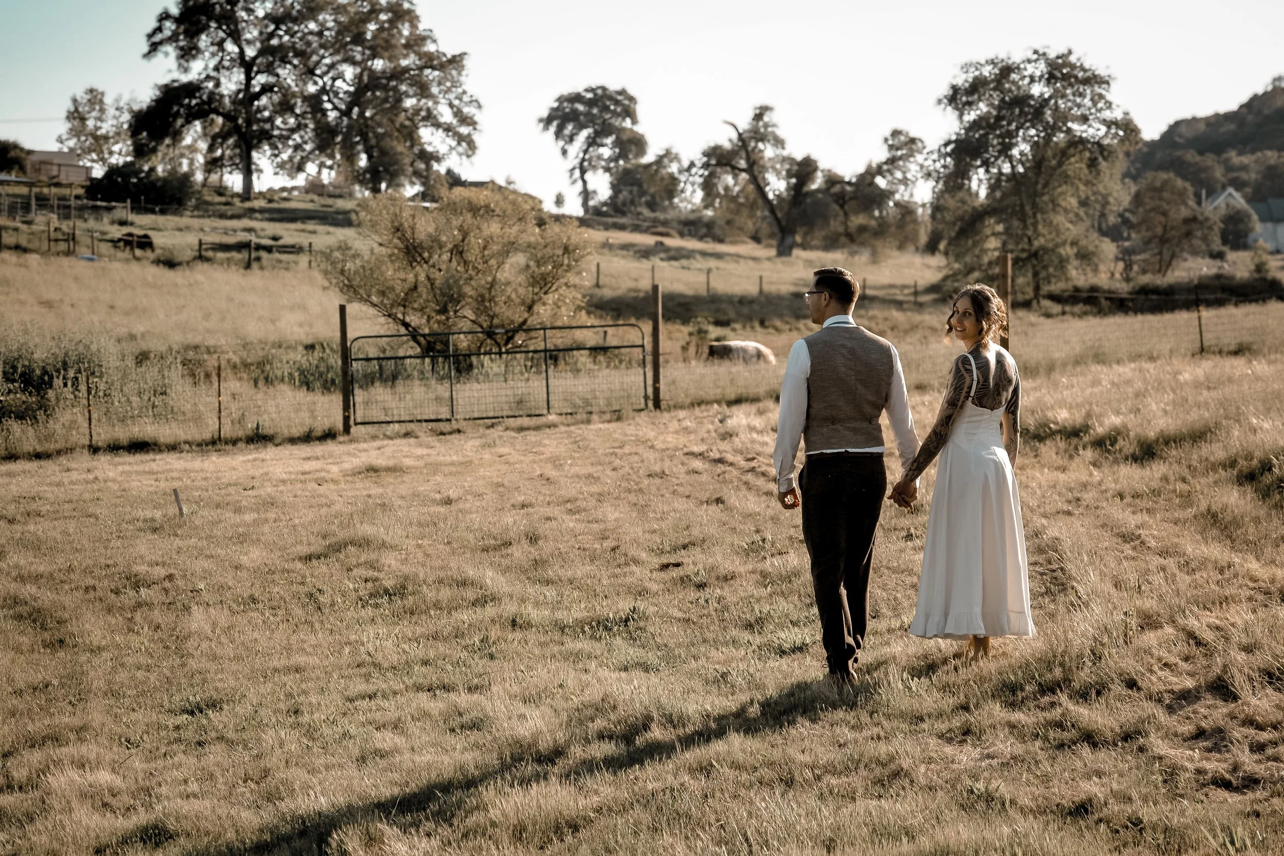 A couple walking hand in hand through a grassy field on a sunny day, surrounded by trees and a fence.