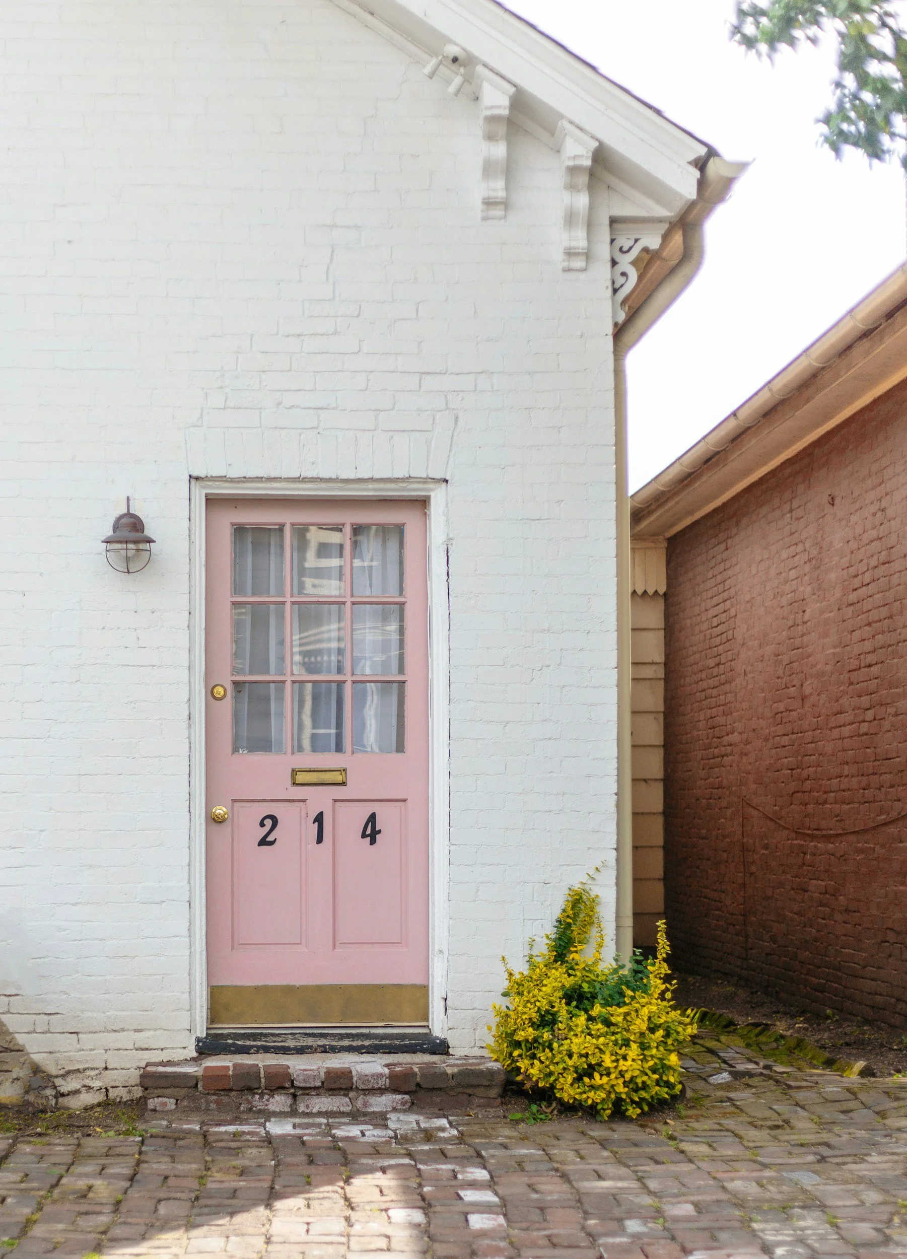 A pink front door with house number 214, with a white brick exterior wall, a black doormat, a yellow flowering shrub on the right side, and a lantern-style exterior light on the left.