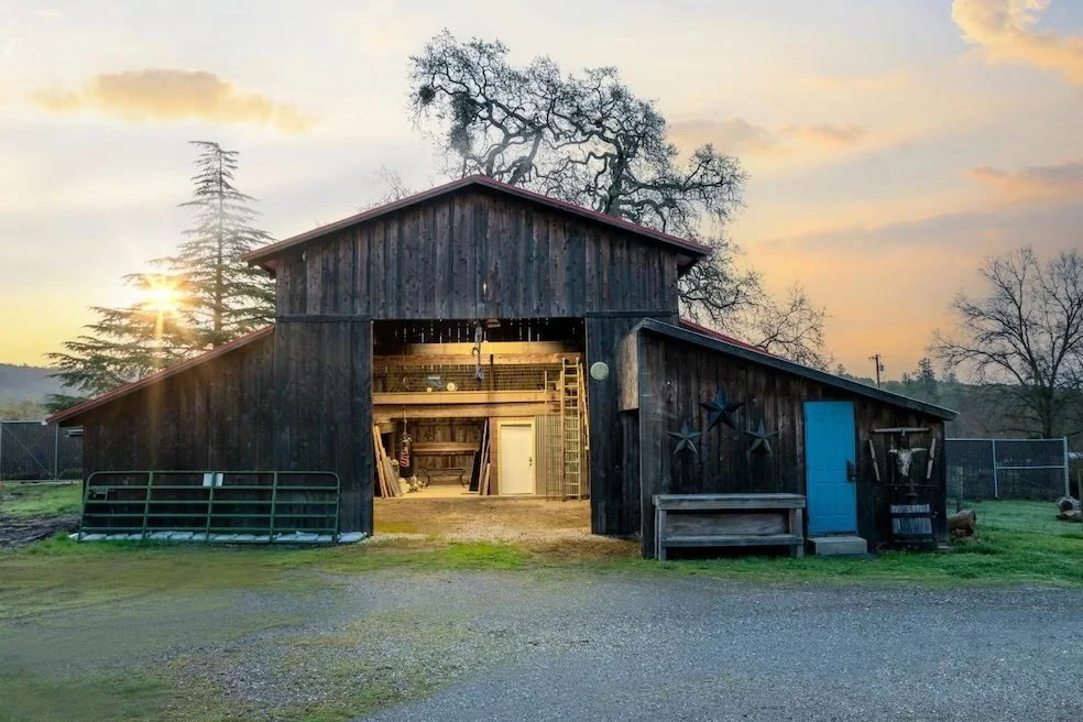 A rustic wooden barn with a blue door, star decorations on the exterior, inside visible with shelves and riding equipment, surrounded by green grass and trees, during sunset.