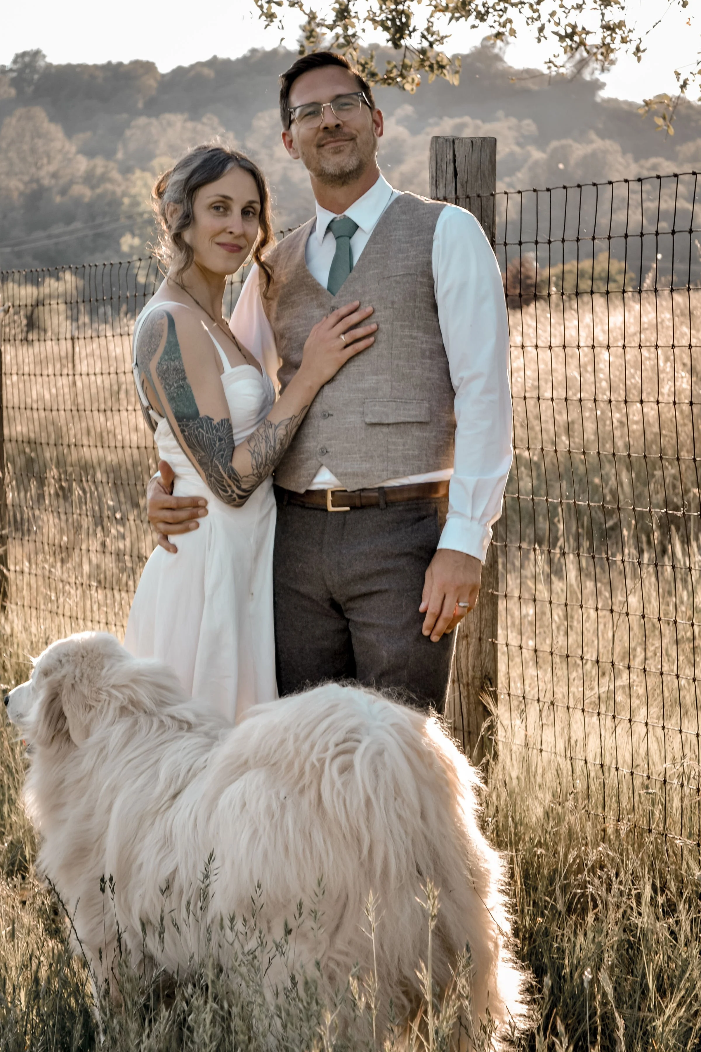 A couple standing outdoors near a wire fence with two golden retriever puppies at their feet. The woman has tattoos on her arm, wears a white dress, and has dark hair. The man wears glasses, a vest, a white shirt, and a tie. They are smiling at the c