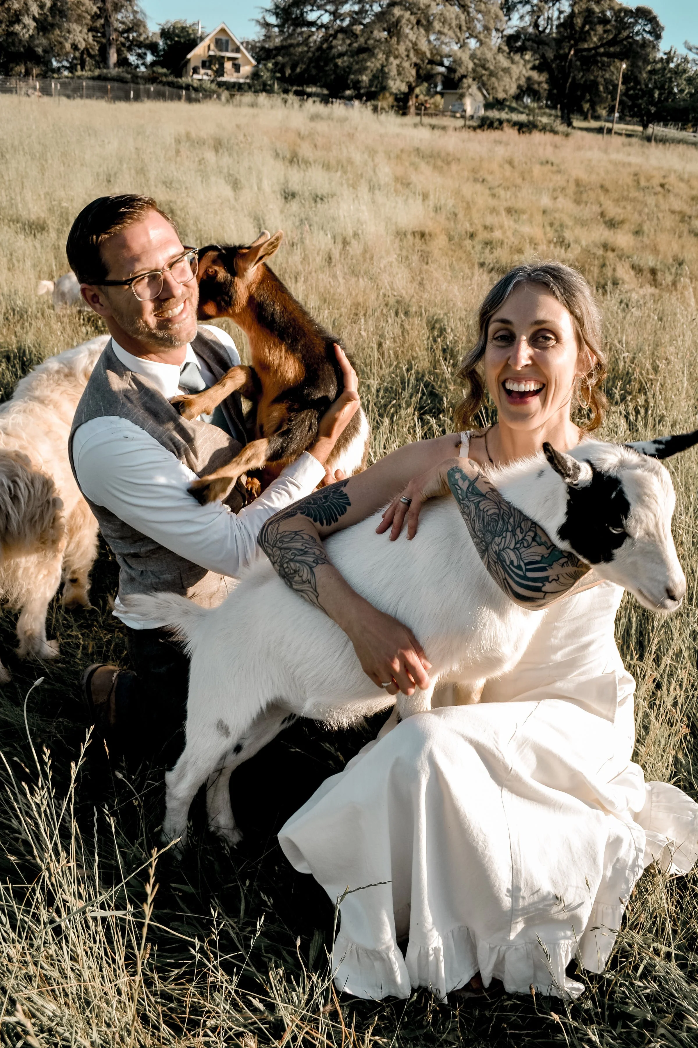 A smiling man wearing glasses and a vest holding a small brown and black goat, while a smiling woman with tattoos on her arms holds a large white and black goat in a grassy field with houses and trees in the background.