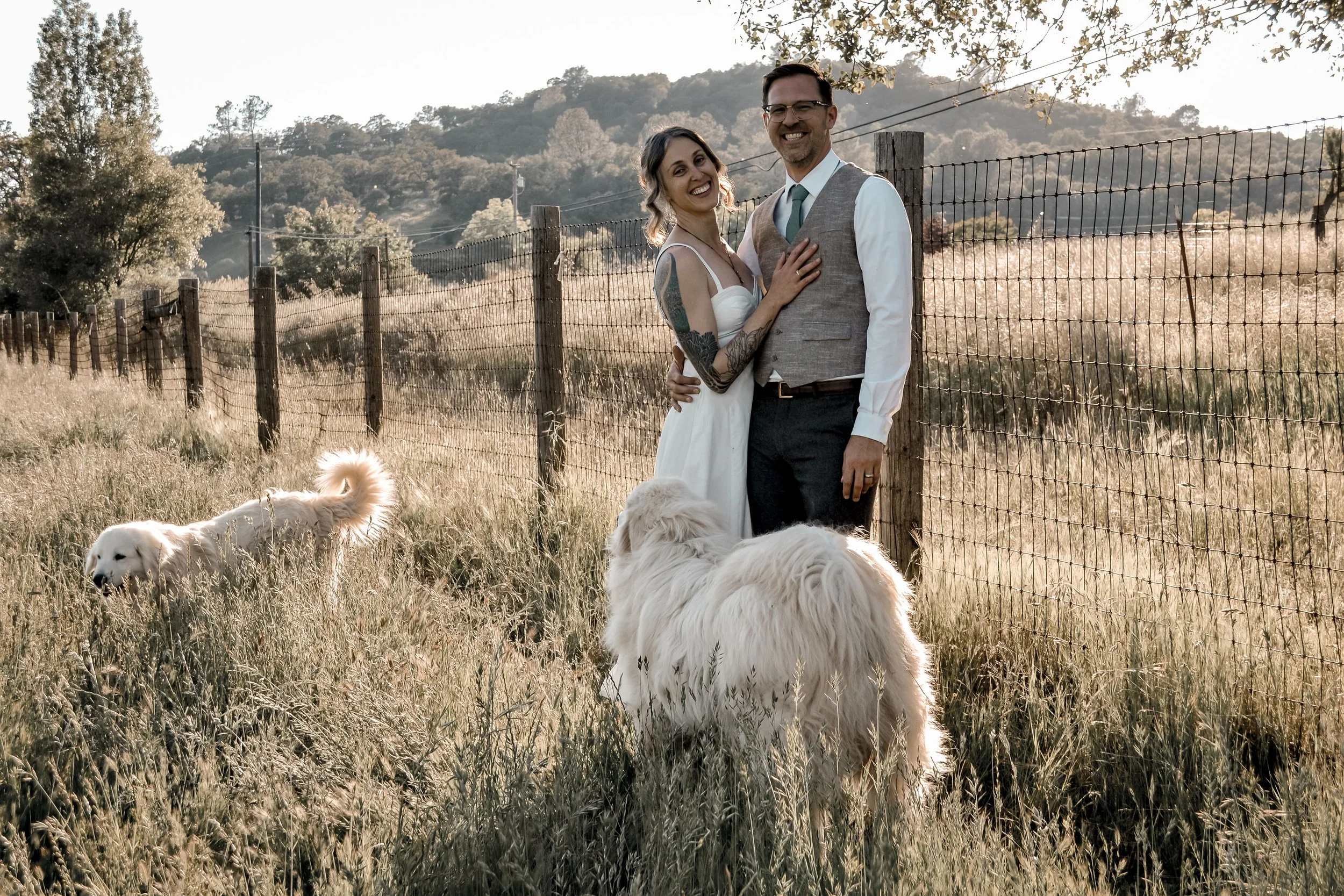A smiling couple, a woman with tattoos and a white dress, and a man in a vest and tie, standing outdoors near a wire fence, with three dogs in a grassy field and trees, hills, and a clear sky in the background.