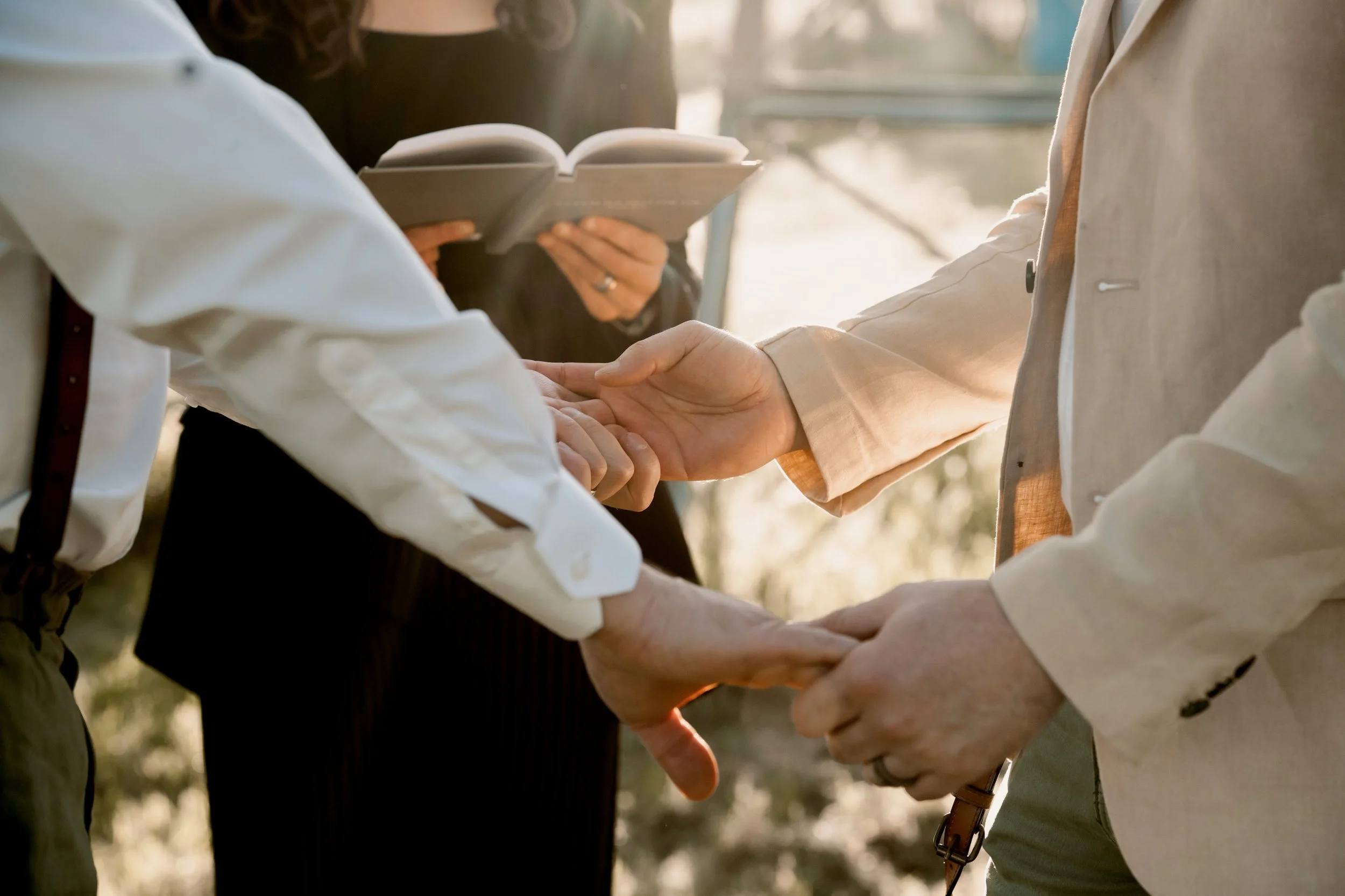 People holding hands and exchanging vows outdoors in a warm, sunlit setting.
