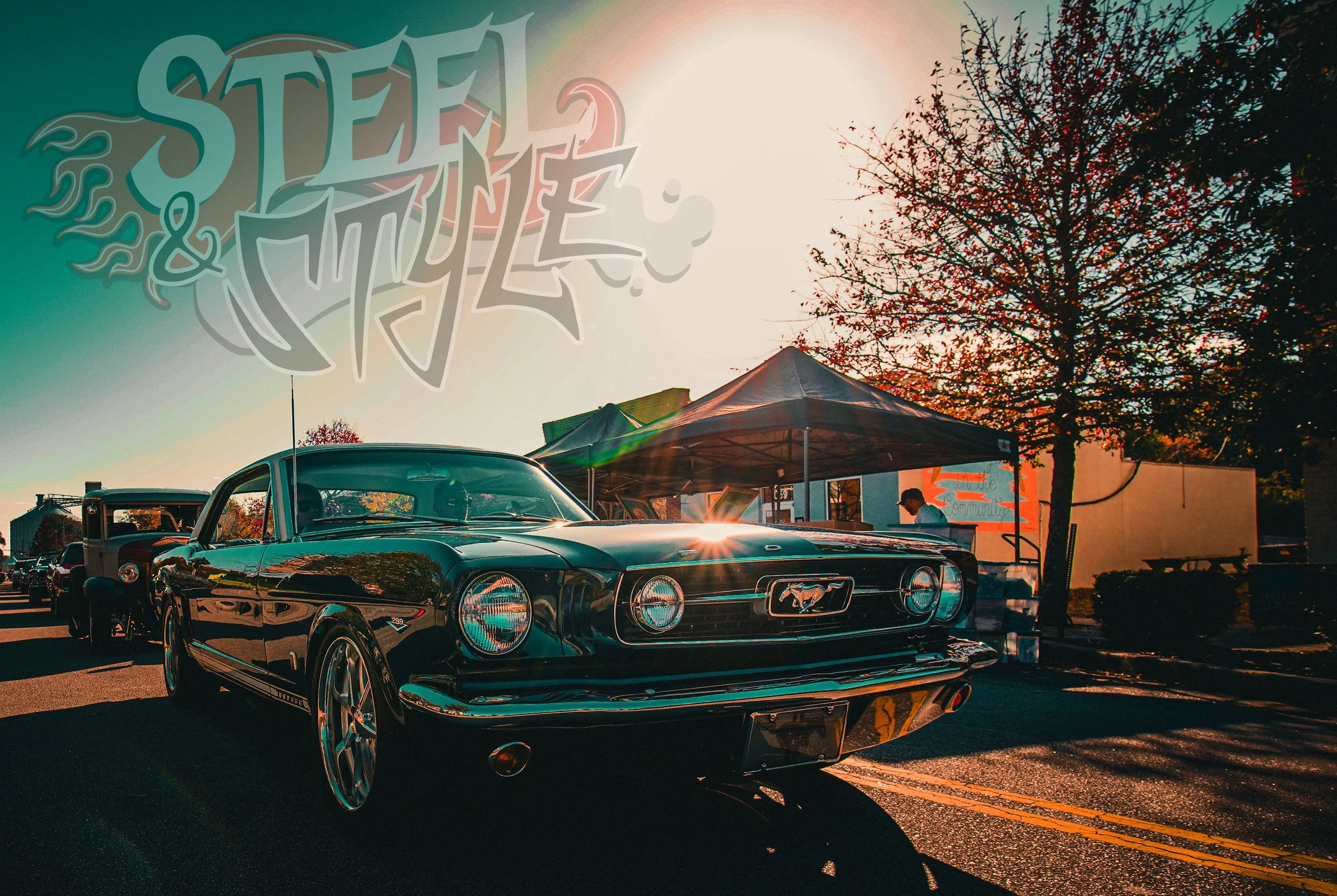 A vintage black Ford Mustang car parked on a street during sunset, with a tent and a tree nearby, and a bright sun in the sky.