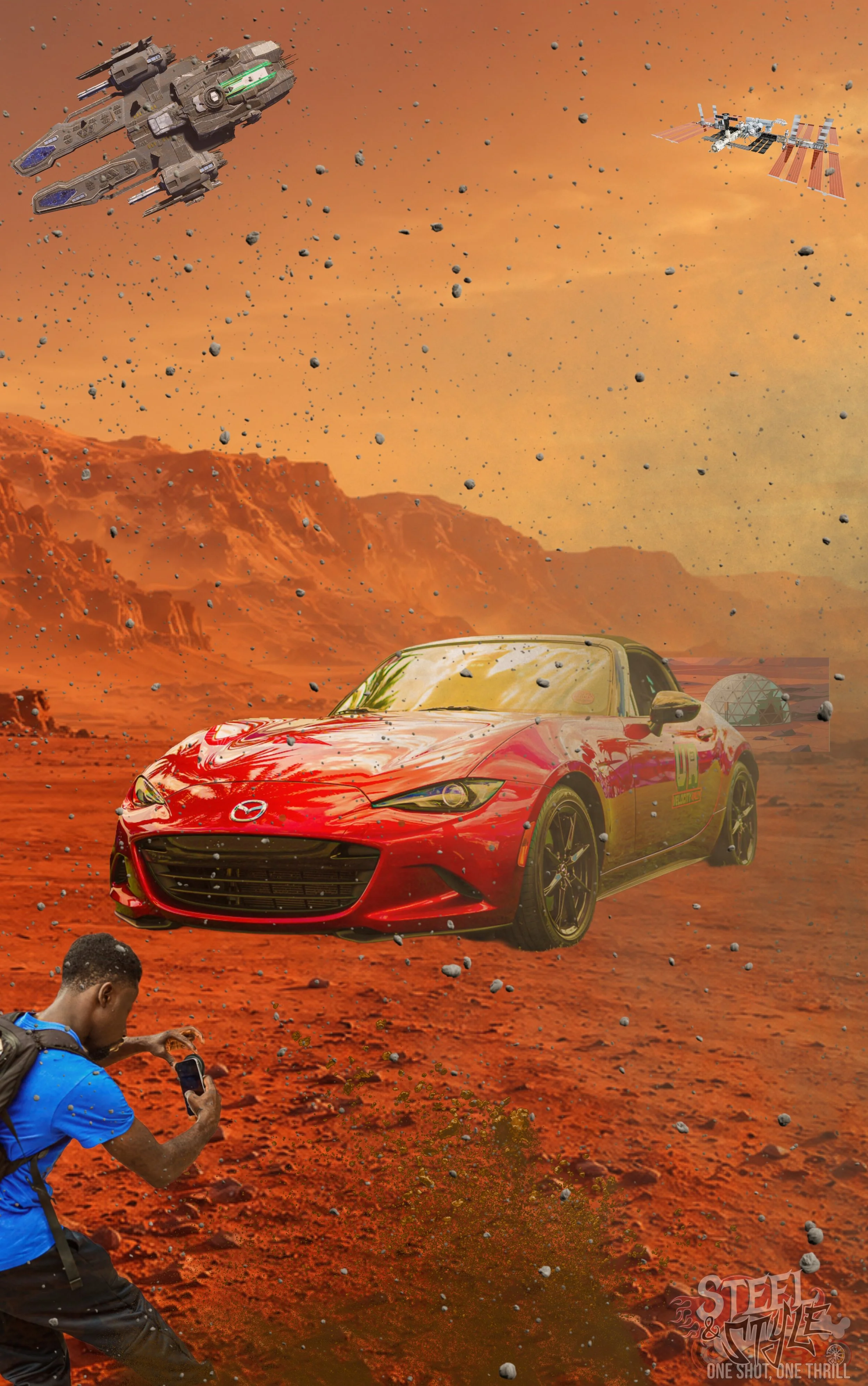 Custom digital artwork of a red Mazda MX-5 Miata on the surface of Mars with a photographer, asteroids, spacecraft, and a futuristic habitat in the background.