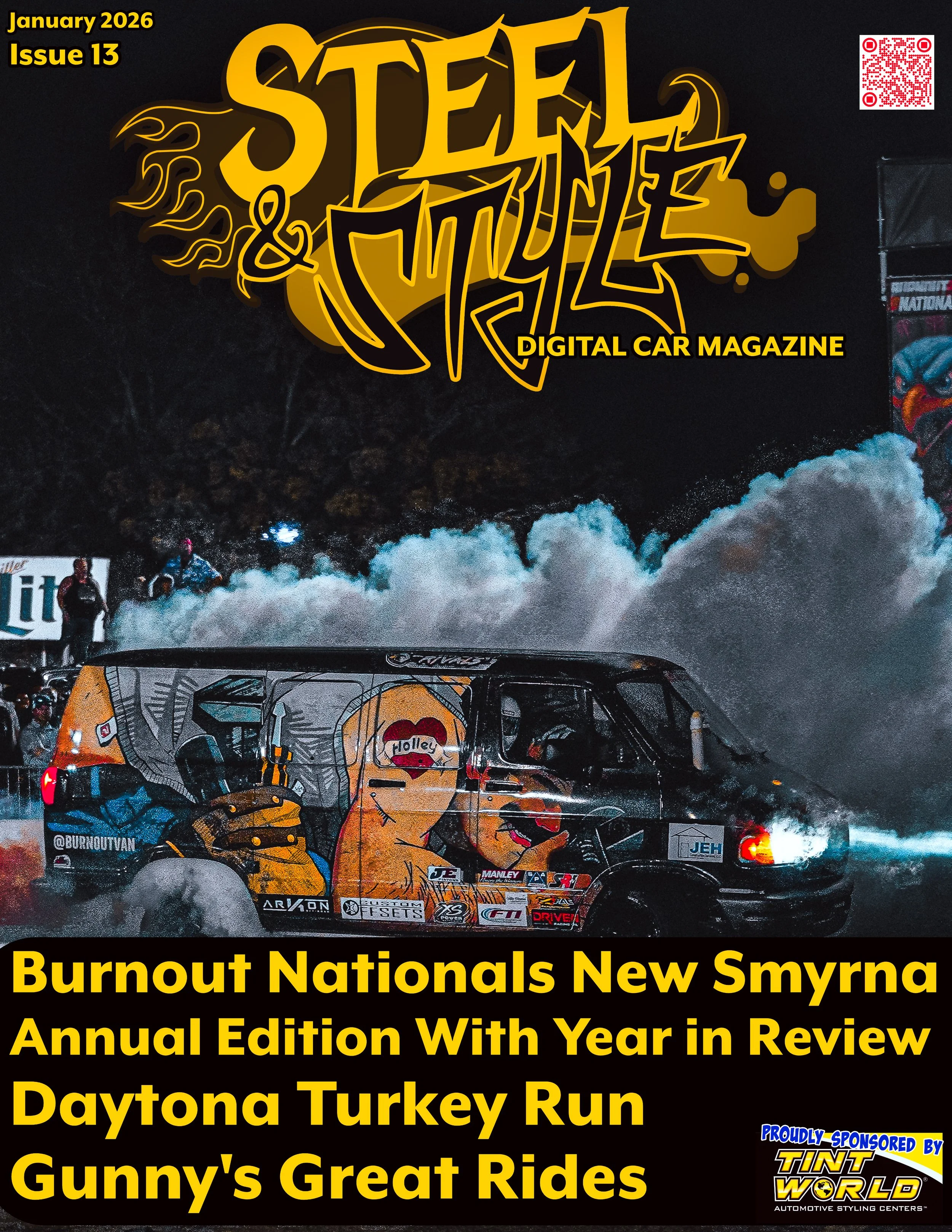 The cover of Steel & TnTyle digital car magazine, January 2026 issue 13, featuring a nighttime drift event with smoke and a decorated race car, along with several people in the background.