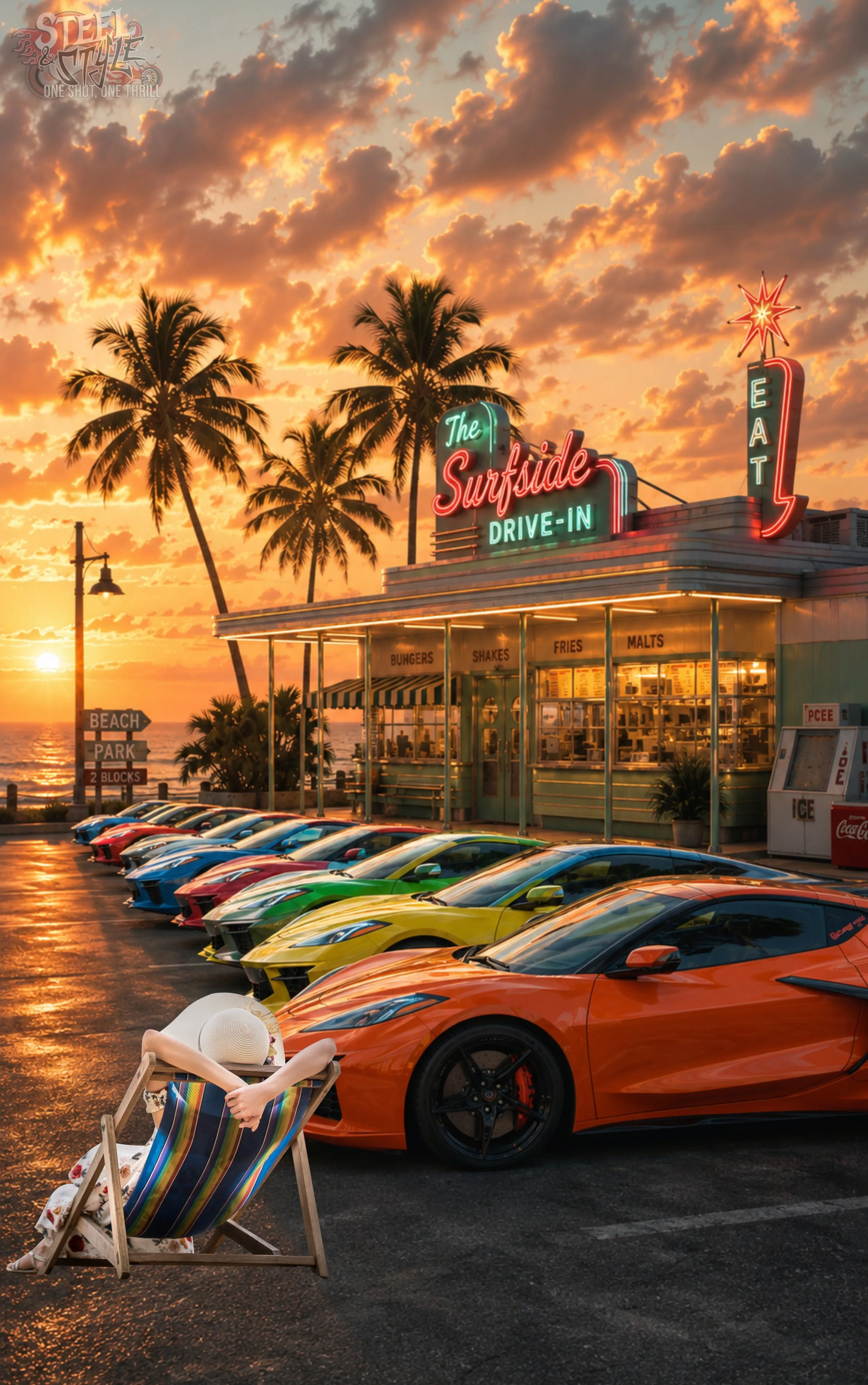 Custom artwork of colorful Chevrolet Corvettes lined up outside a retro beachside drive-in diner at sunset with palm trees and neon lights.