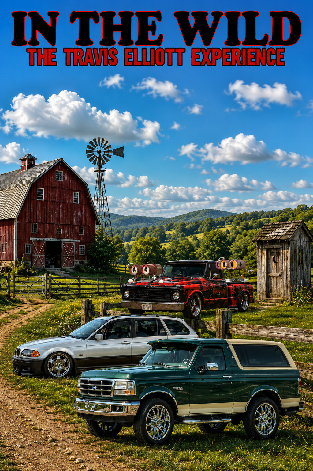 Custom digital artwork featuring a Ford Bronco, BMW E46 sedan, and custom Chevrolet pickup on a scenic farm with a red barn, windmill, and rolling countryside.