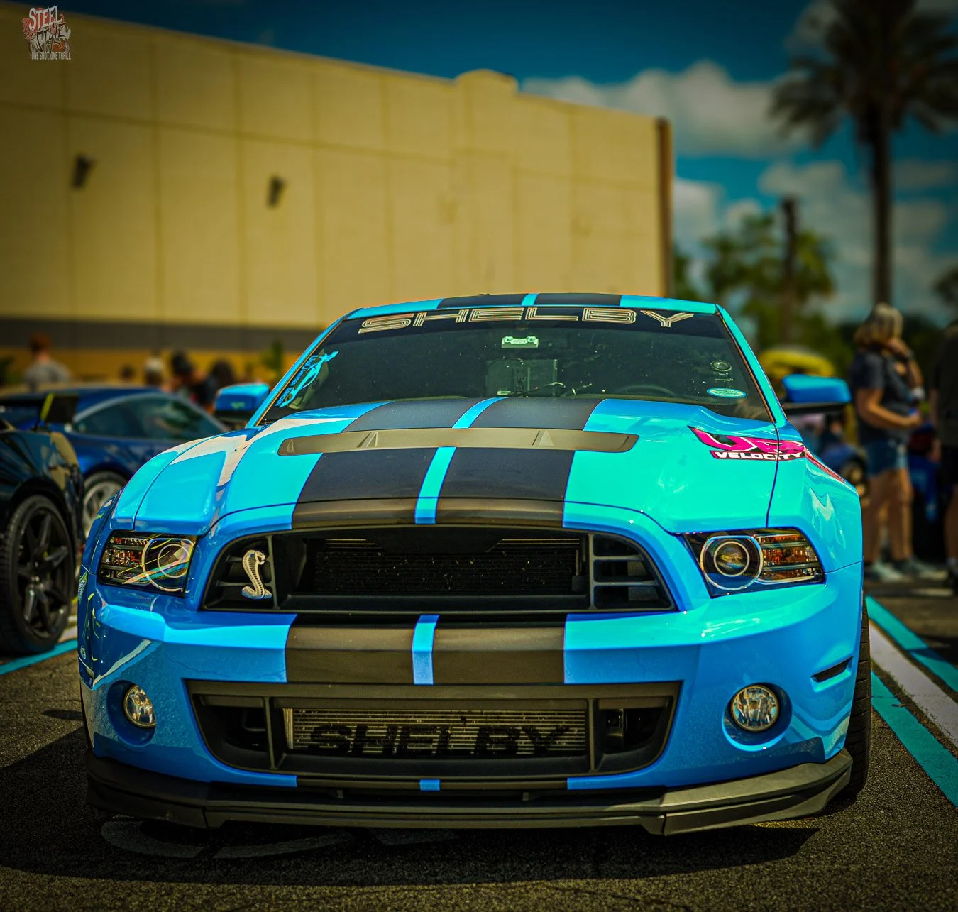 Front view of a blue Ford Mustang Shelby GT500 with black racing stripes on display at a Dezerland Park Orlando car event.
