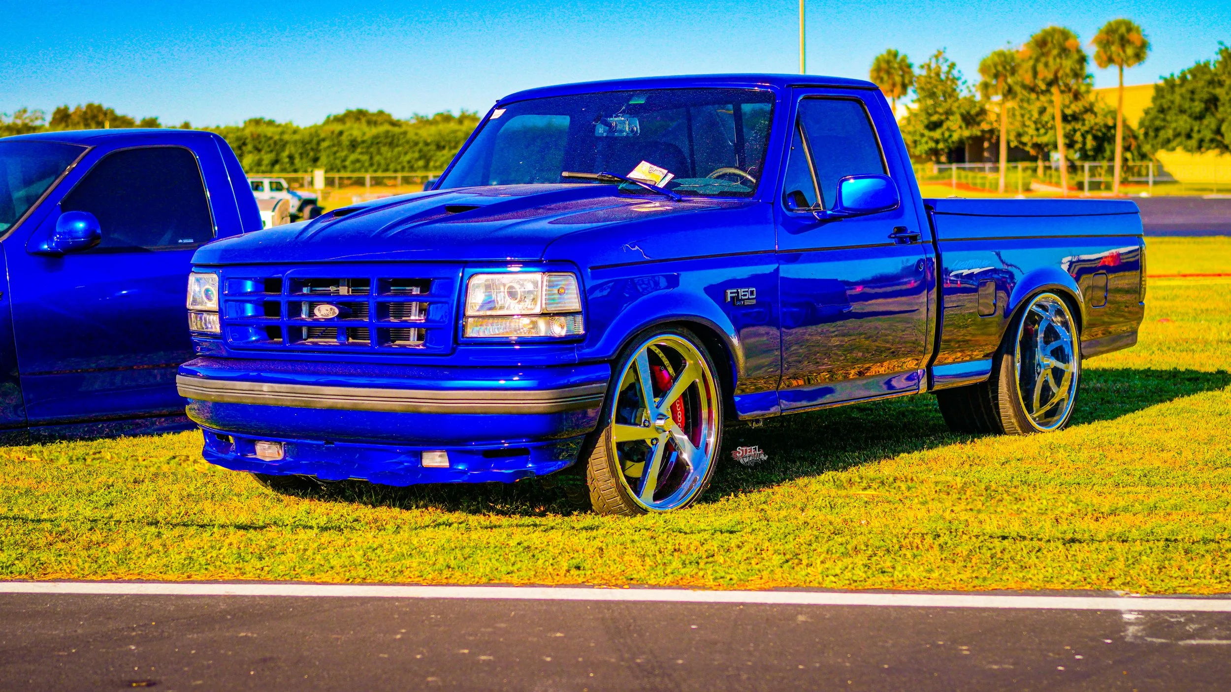 A customized blue Ford F-150 pickup truck with large aftermarket wheels and red brake calipers, parked on a grassy area next to a paved road.