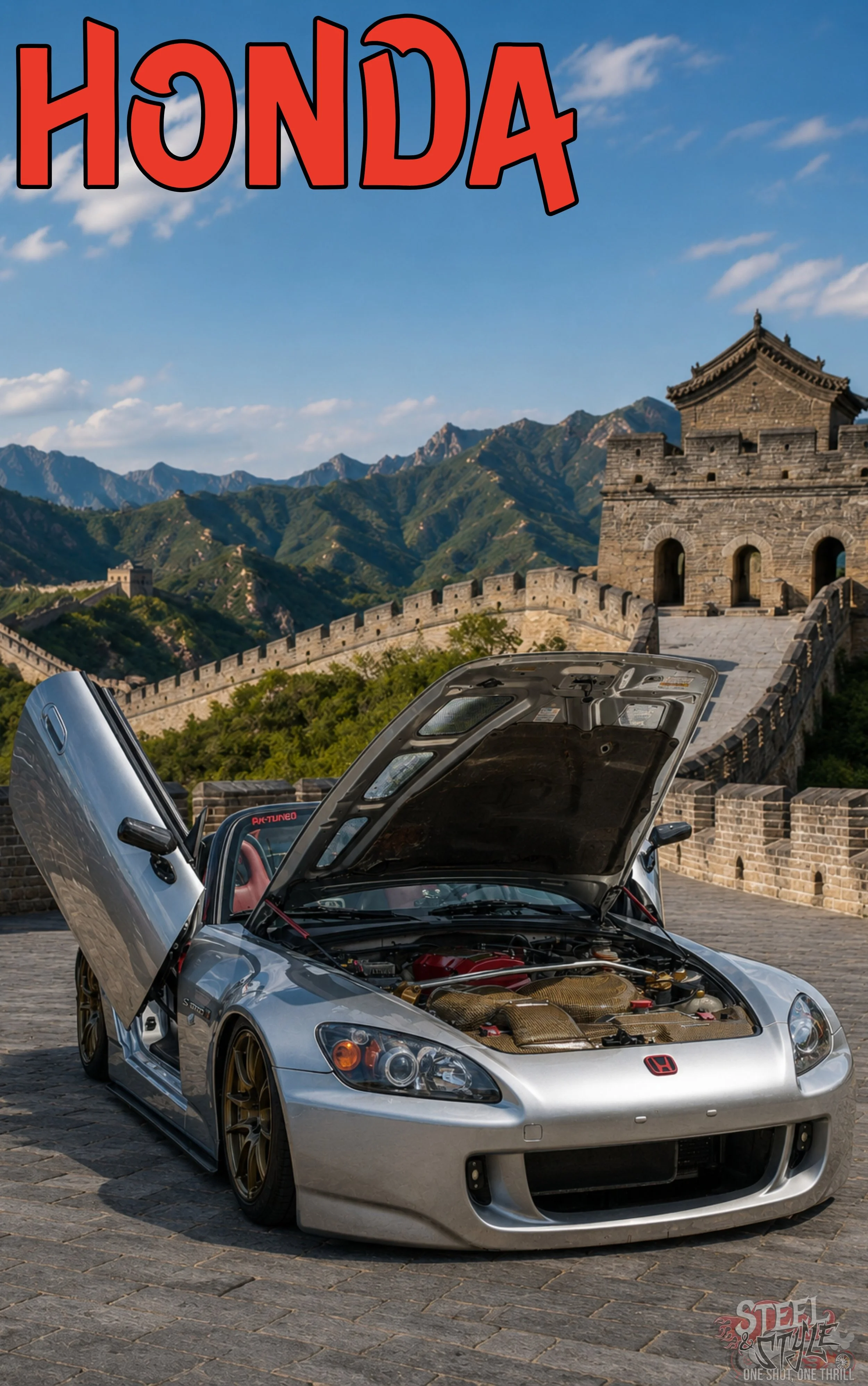 Custom digital artwork of a modified silver Honda S2000 with scissor doors and an exposed engine bay on the Great Wall of China.