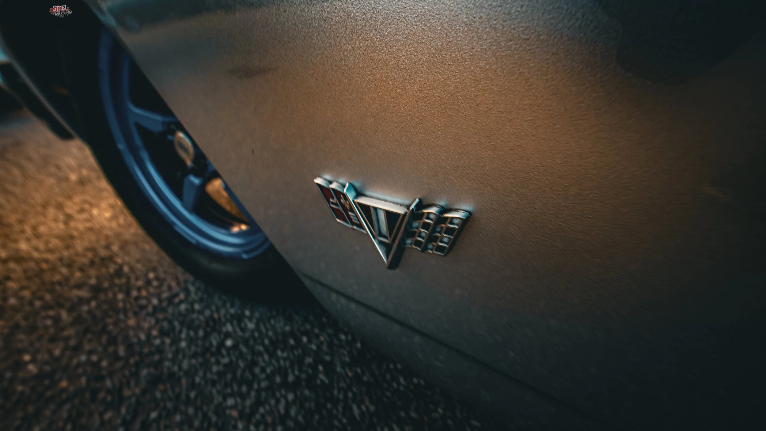 Close-up of a vehicle's side emblem reading 'V8' on the car's exterior with a wheel in the background.