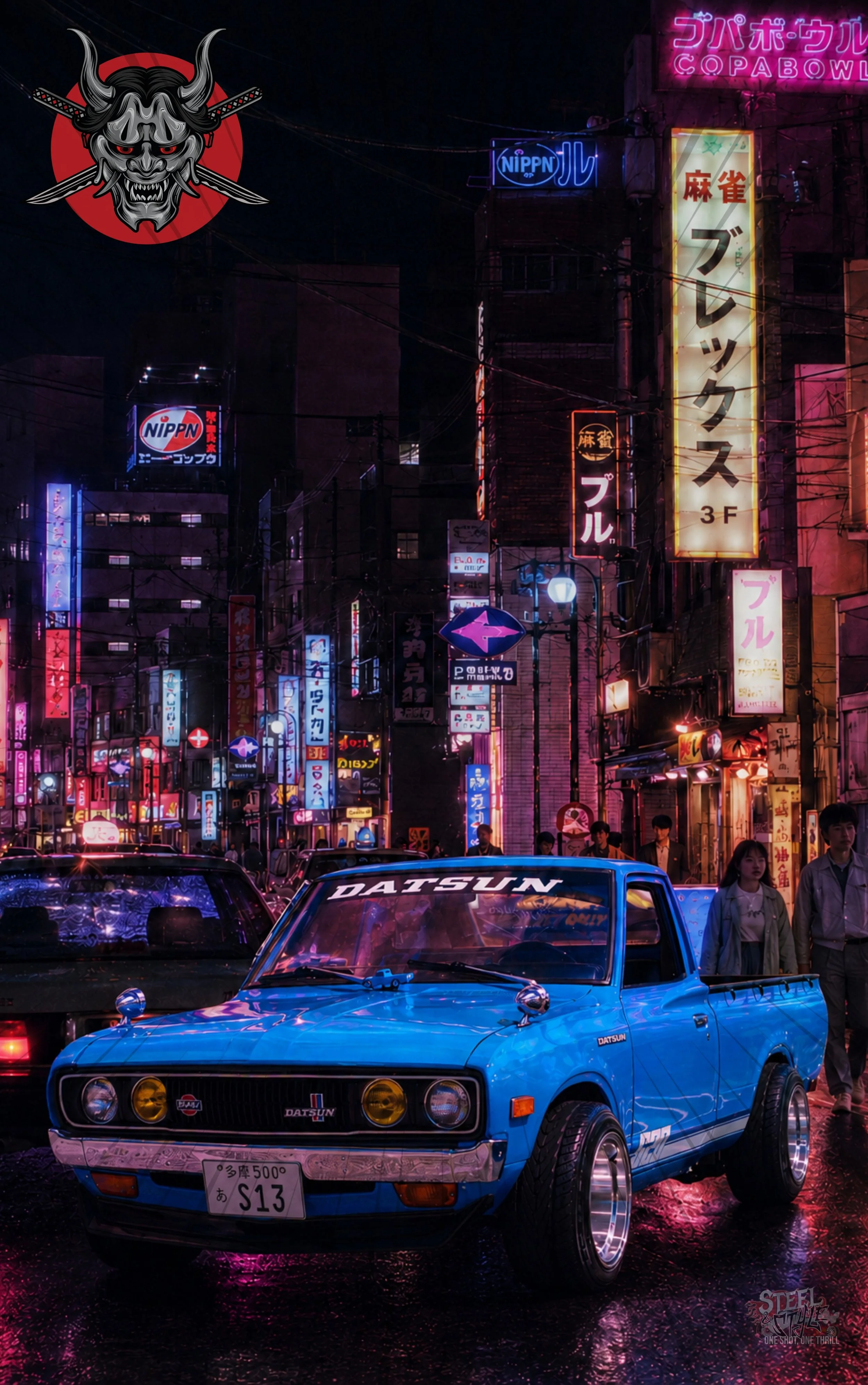 Custom artwork of a blue classic Datsun pickup parked on a neon-lit Tokyo street at night with colorful Japanese signs and reflections in the background.