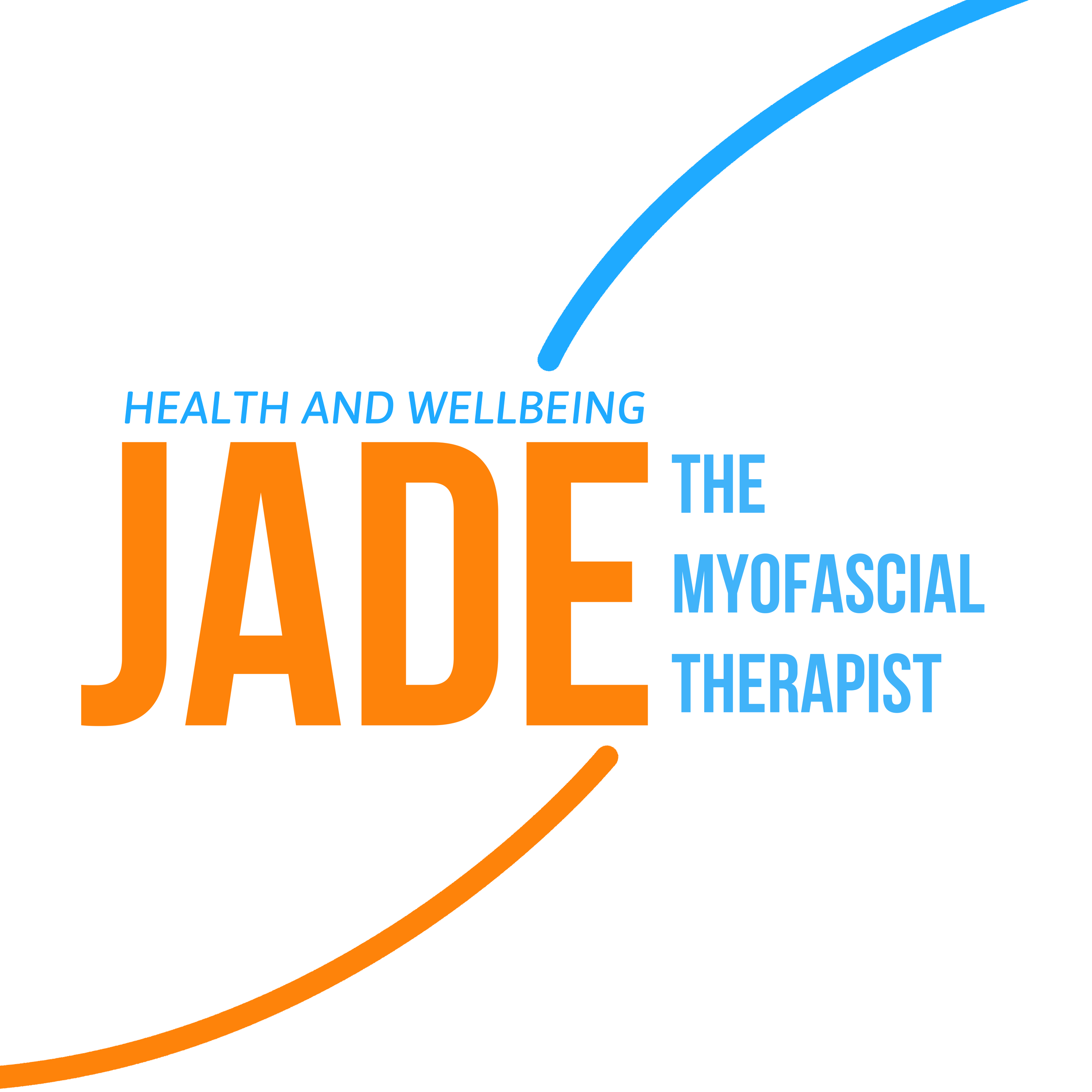 Logo for Jade, a myofascial therapist, featuring the words 'Health and Wellbeing' and 'The Myofascial Therapist' in blue, with 'Jade' in large orange letters, and curved orange and blue lines.
