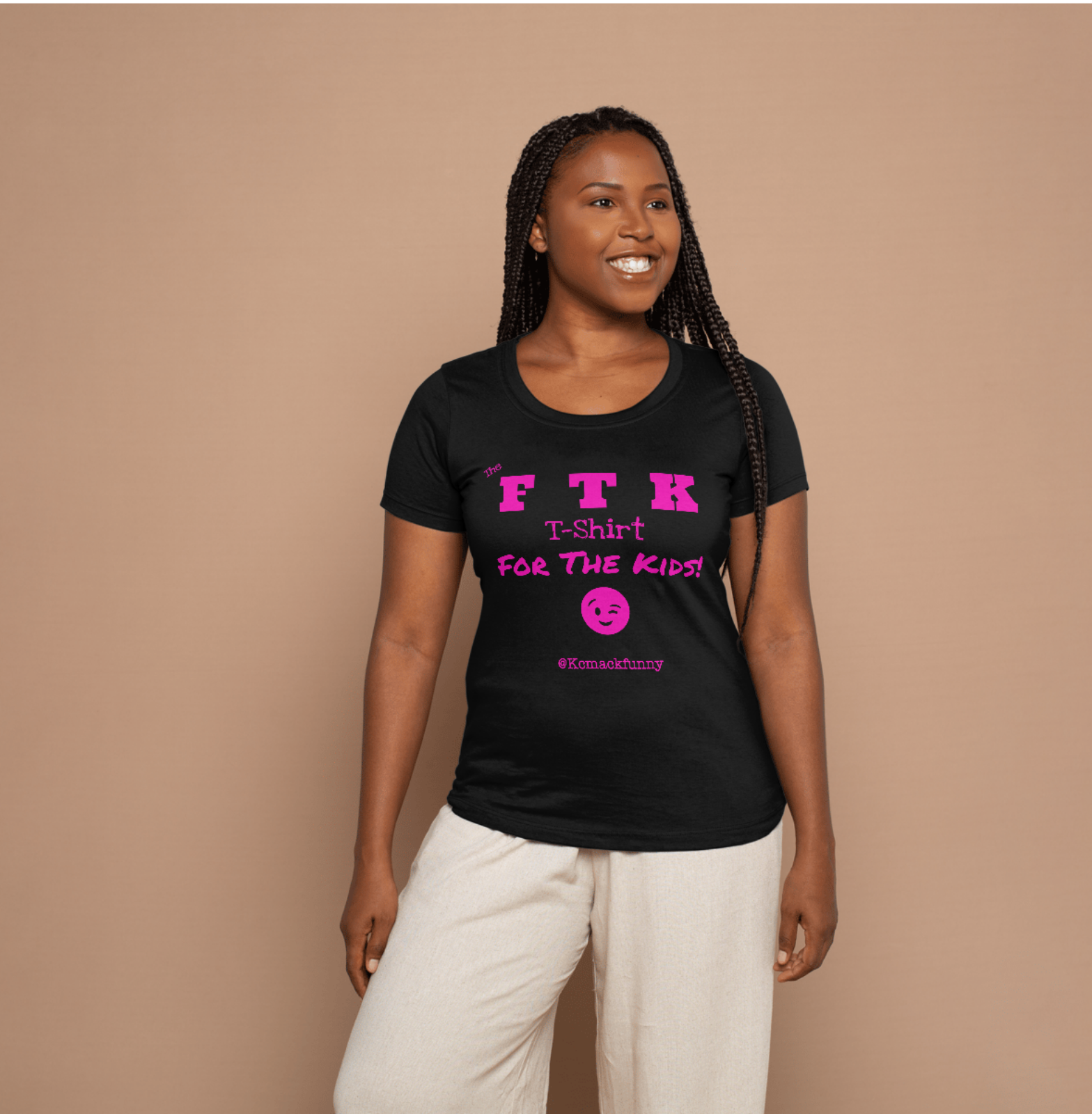The OFFICIAL “FTK” T-Shirt-BLACK and HOT PINK-Female Model-2.png